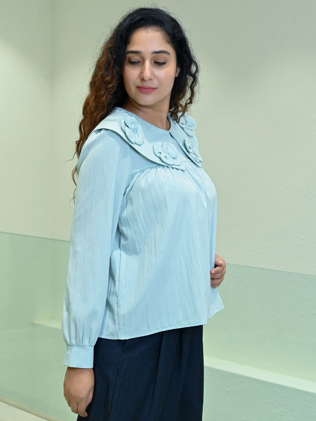 Odette Sky Blue Cotton Poplin Solid Top For Women Fashion Fit - Image 2