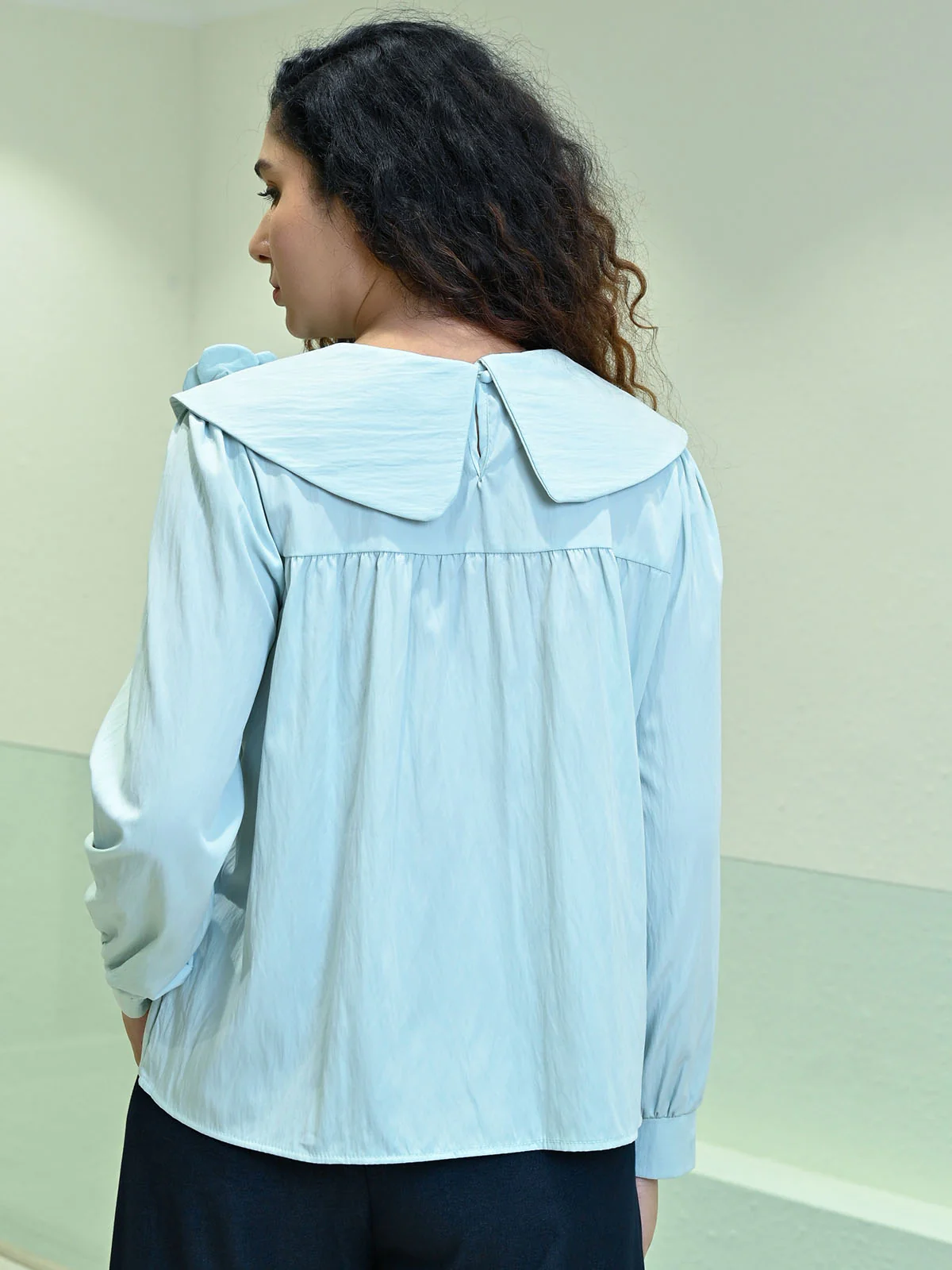 Odette Sky Blue Cotton Poplin Solid Top For Women Fashion Fit - Image 3