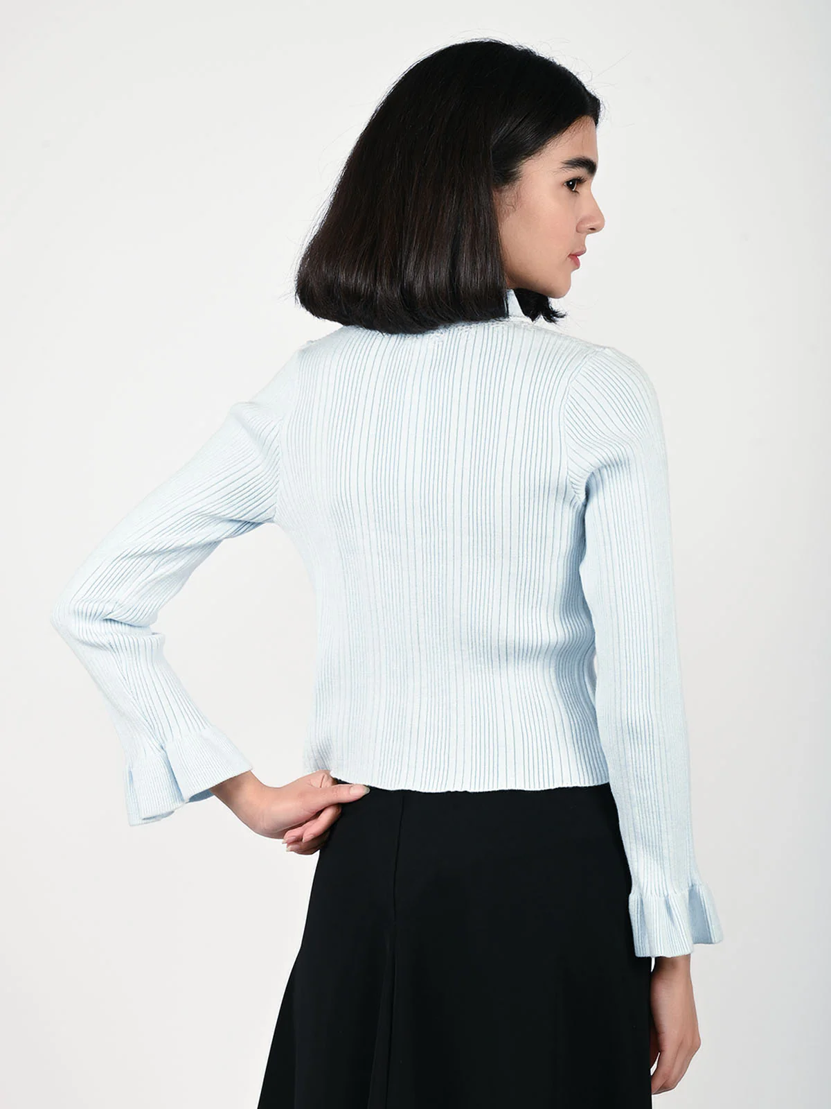 Odette Sky Blue Cotton Rib Embellished Top For Women - Image 4