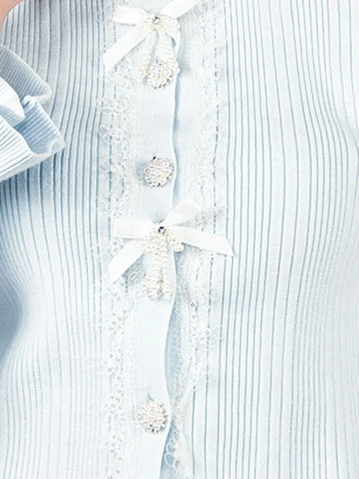 Odette Sky Blue Cotton Rib Embellished Top For Women - Image 5