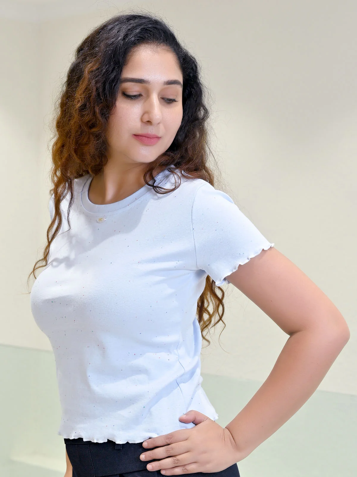 Odette Sky Blue Cotton Rib Solid Top for Women Casual Wear - Image 2