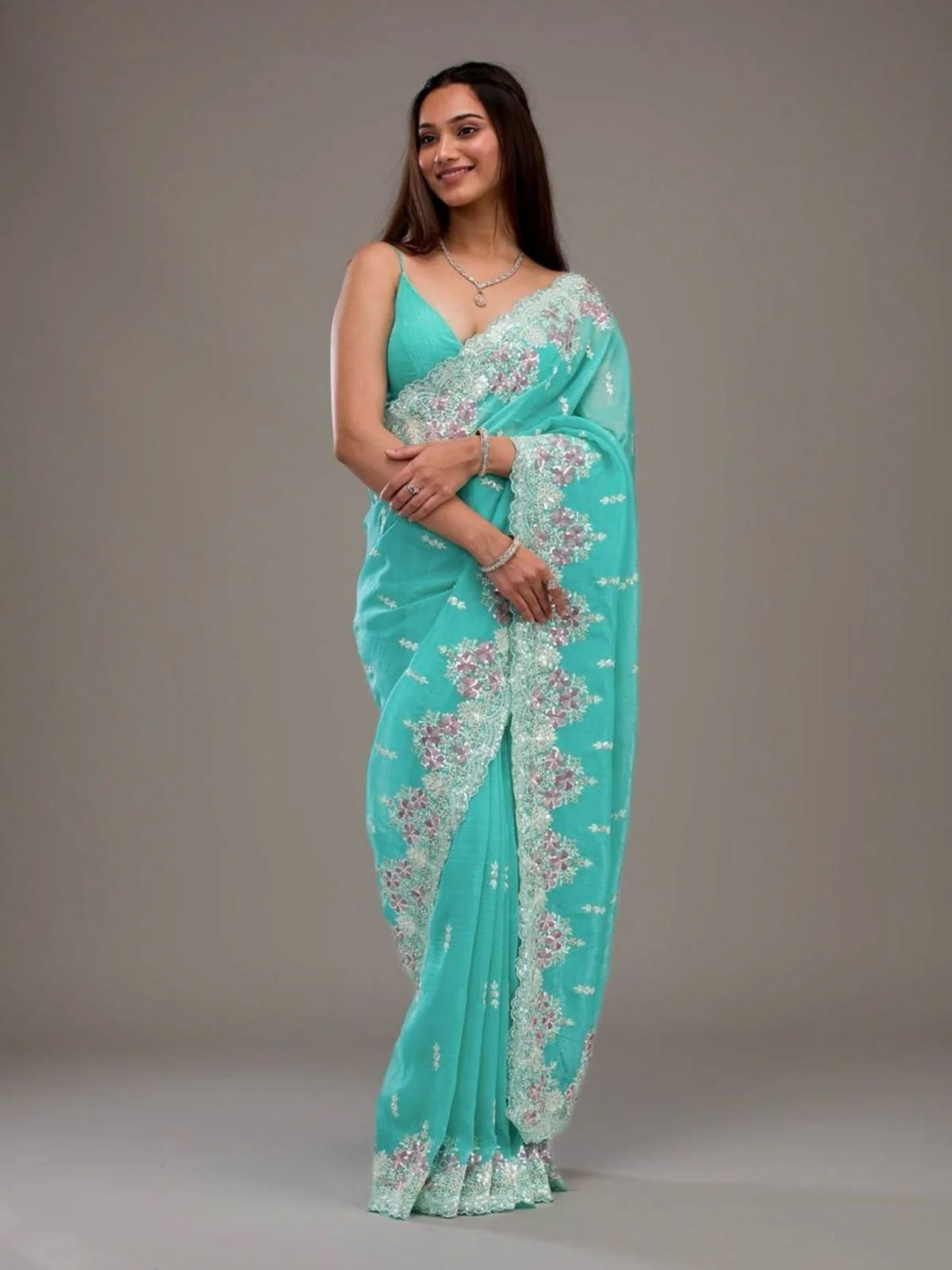 Odette Sky Blue Crush Embroidered Saree For Women - Image 2