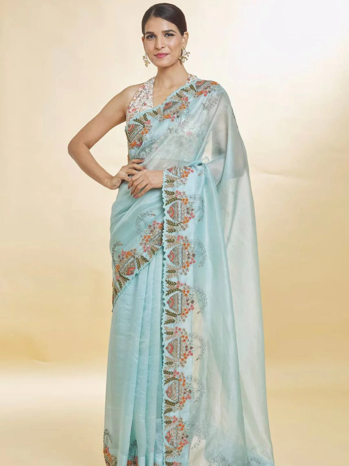 Odette Sky Blue Embroidered Organza Saree With Unstitched Blouse For Women - Image 2