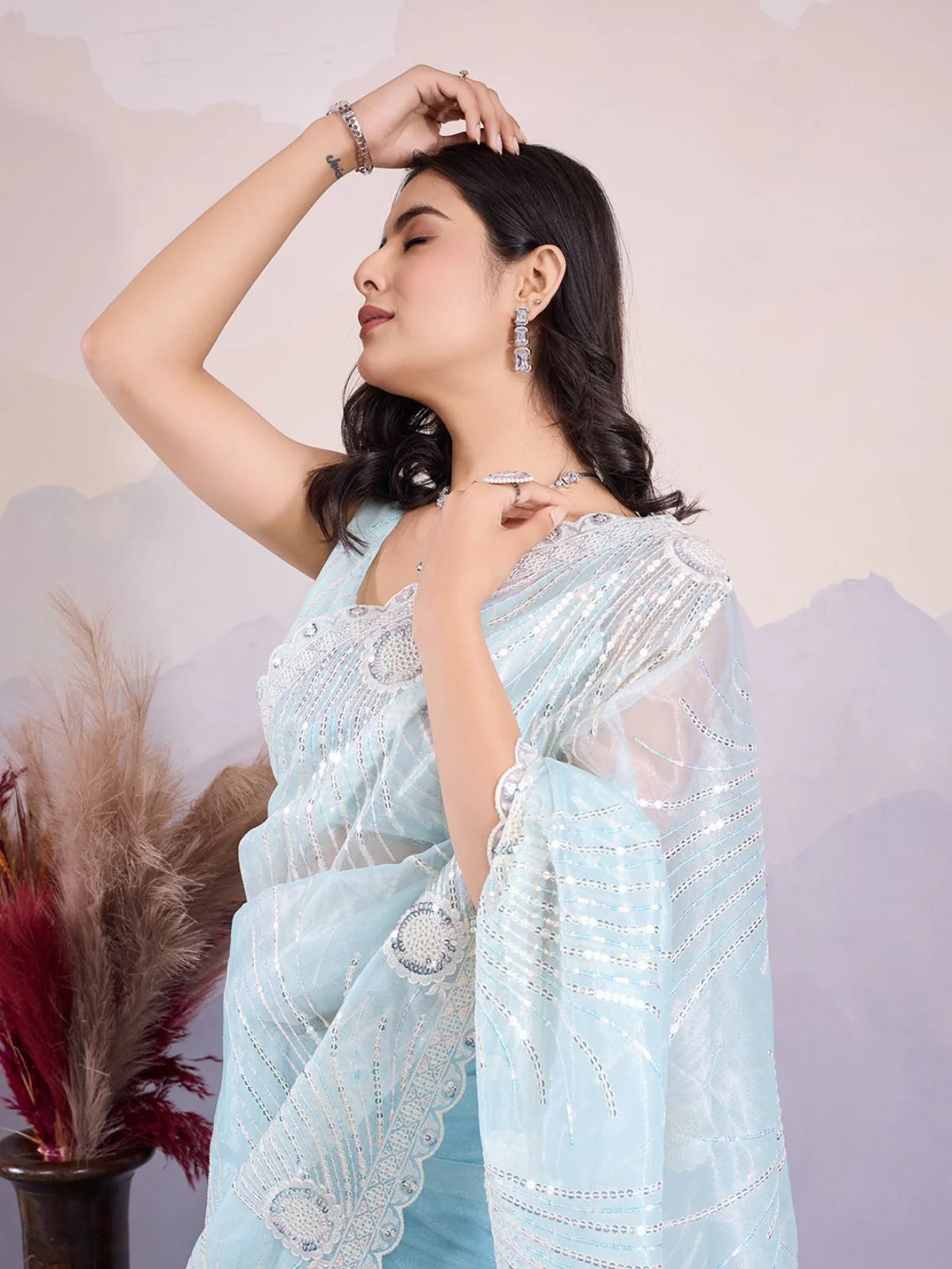 Odette Sky Blue Organza Embroidered Saree For Women - Image 3