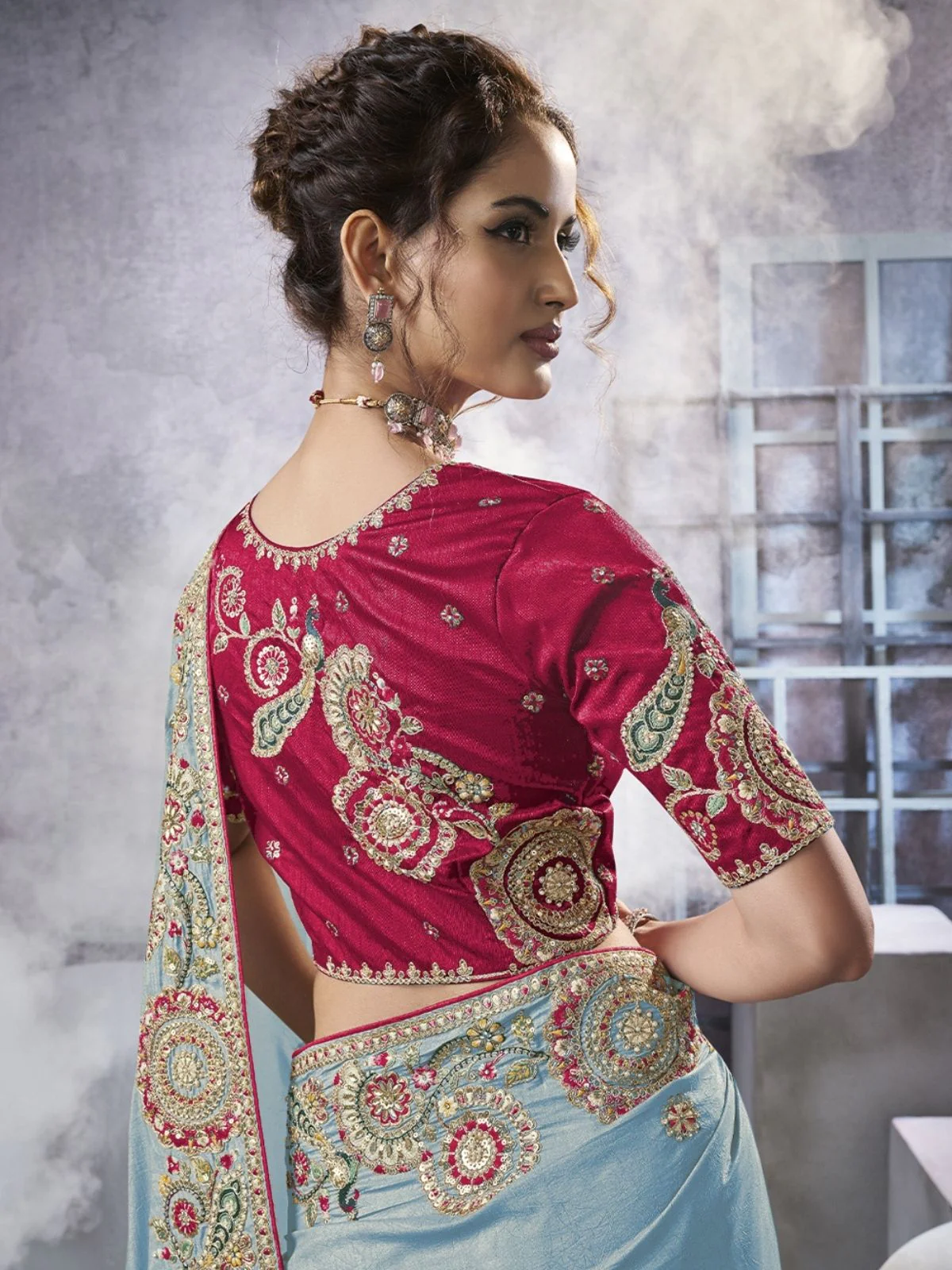 Odette Sky Blue Georgette Crush Embroidered Elegant Saree For Women - Image 2