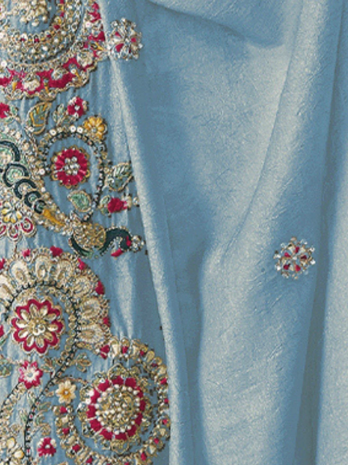 Odette Sky Blue Georgette Crush Embroidered Elegant Saree For Women - Image 4