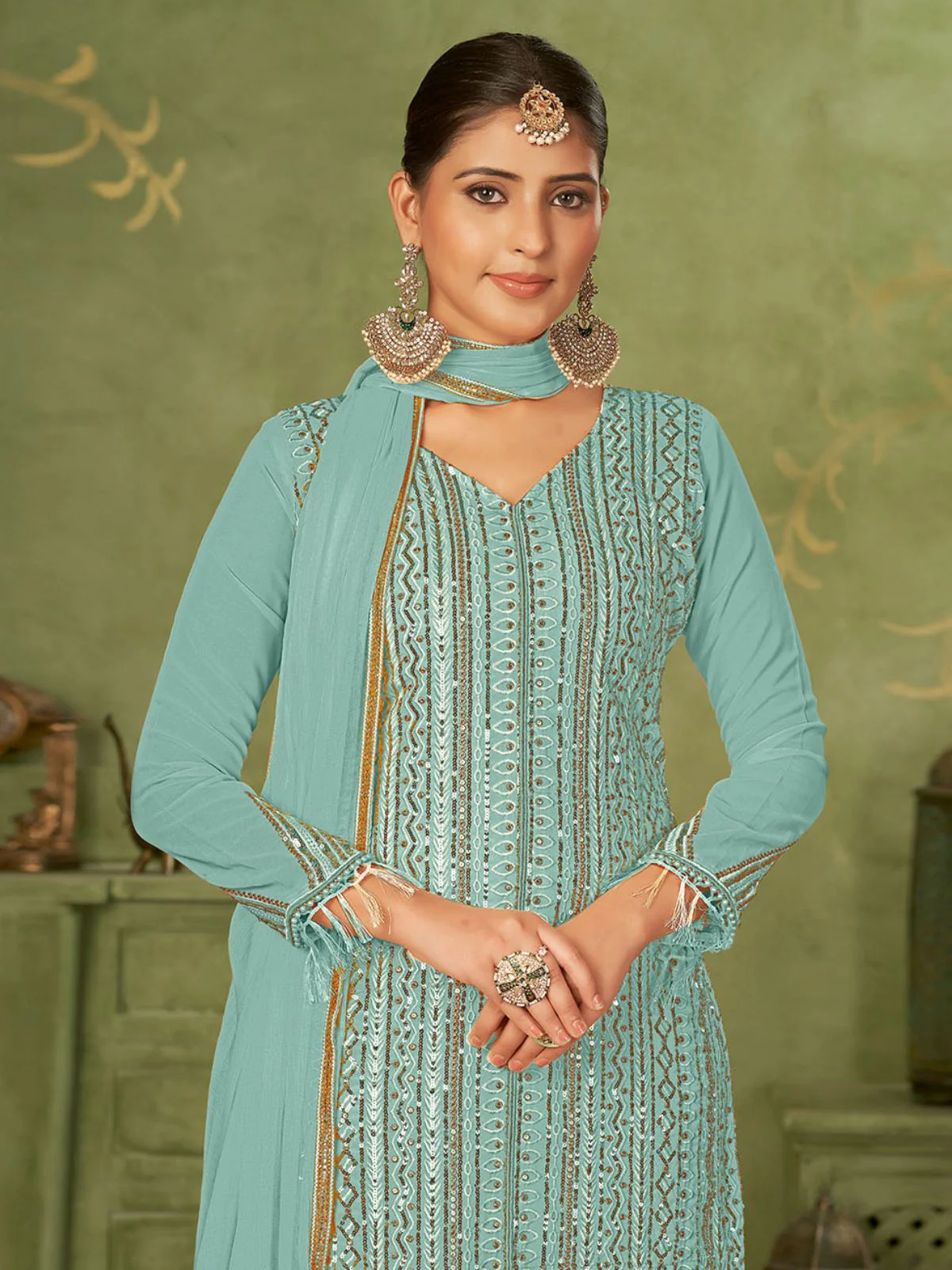 Odette Blue Georgette Embellished Semi Stitched Kurta Set For Women - Image 2