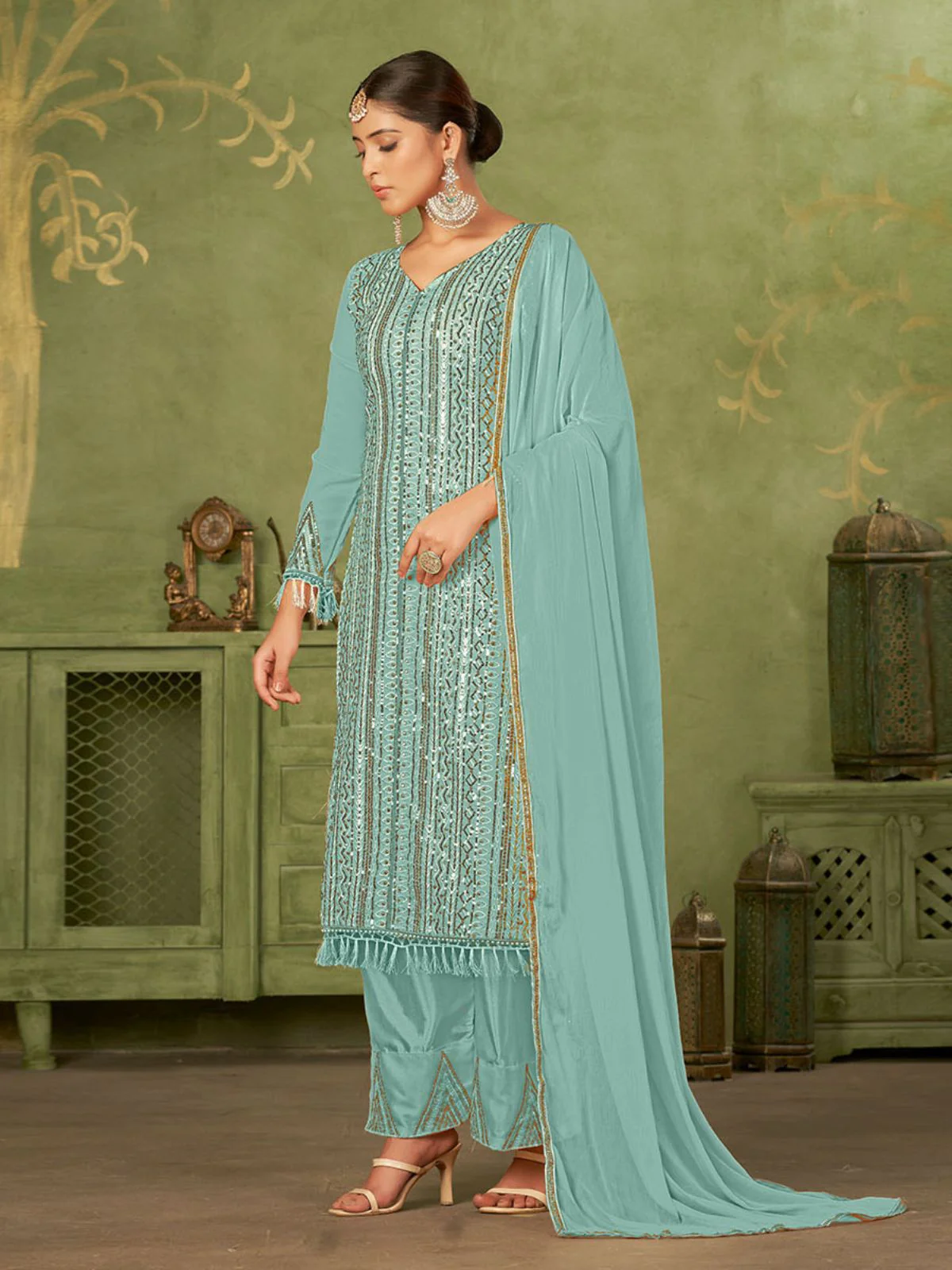 Odette Blue Georgette Embellished Semi Stitched Kurta Set For Women - Image 3