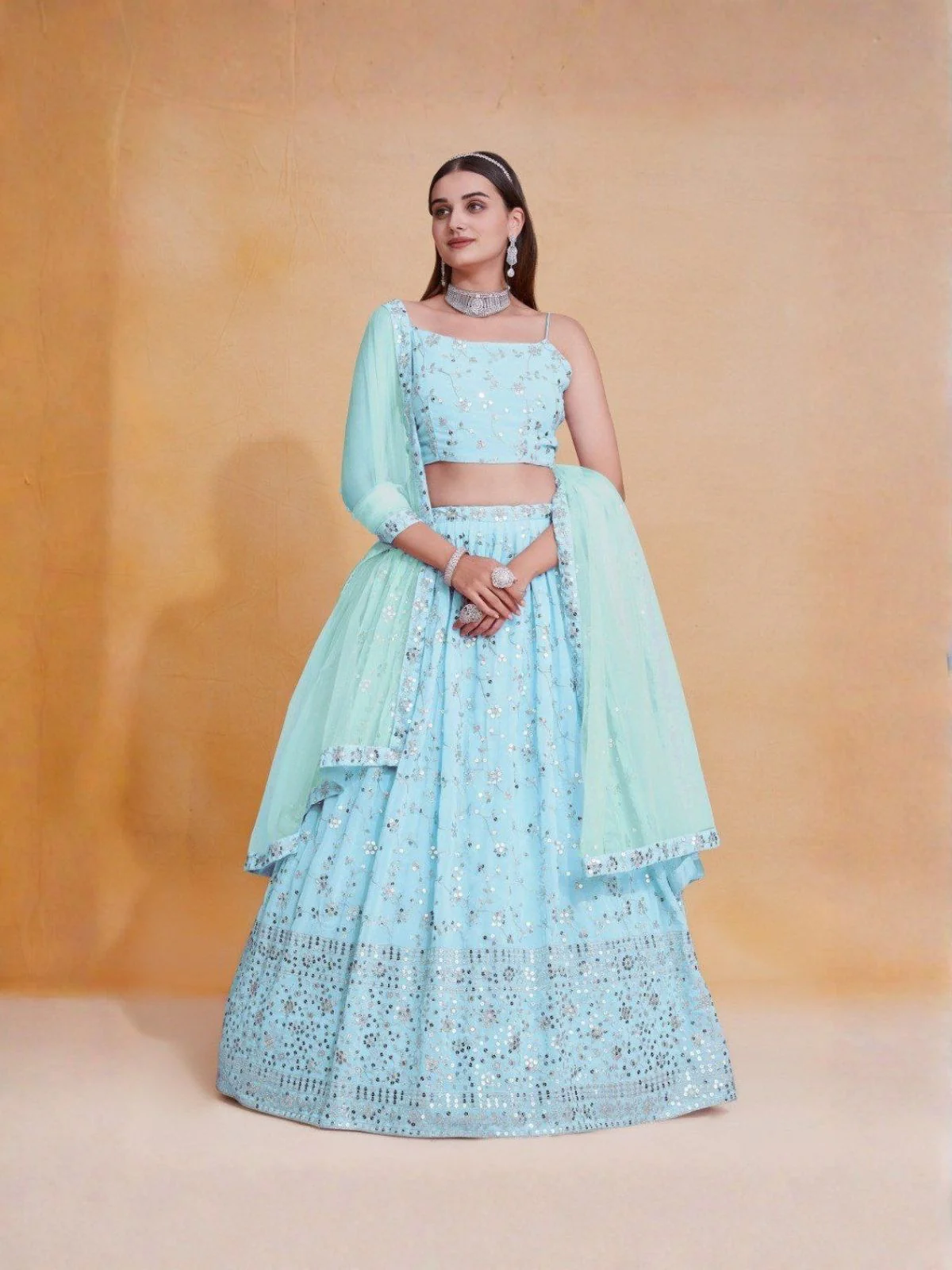 Odette Sky Blue Georgette Embellished Semi Stitched Lehenga For Women - Image 2