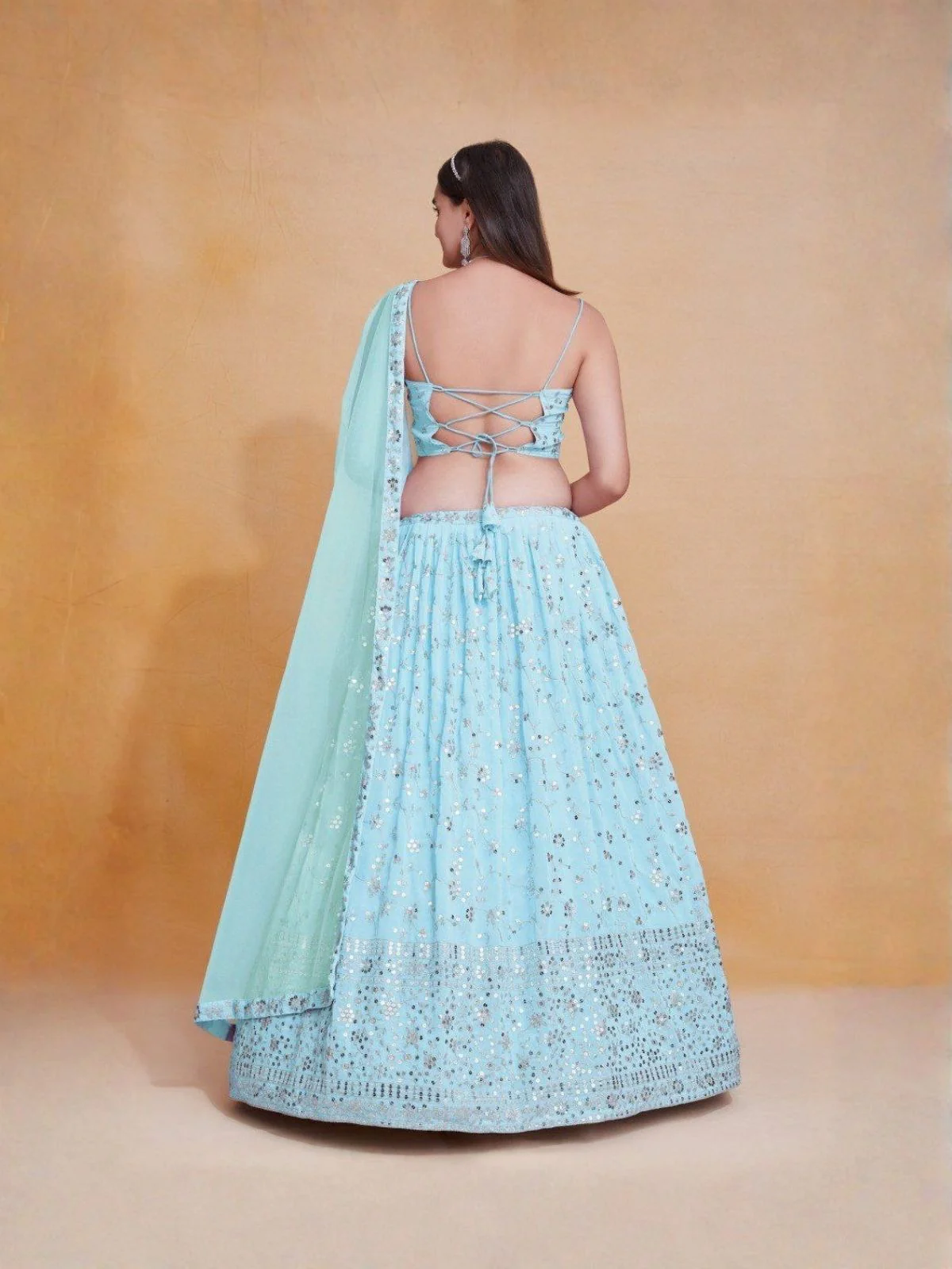 Odette Sky Blue Georgette Embellished Semi Stitched Lehenga For Women - Image 3