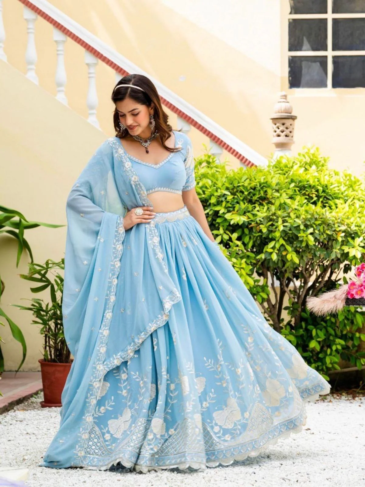Odette Sky Blue Georgette Embellished Semi Stitched Lehenga For Women - Image 3