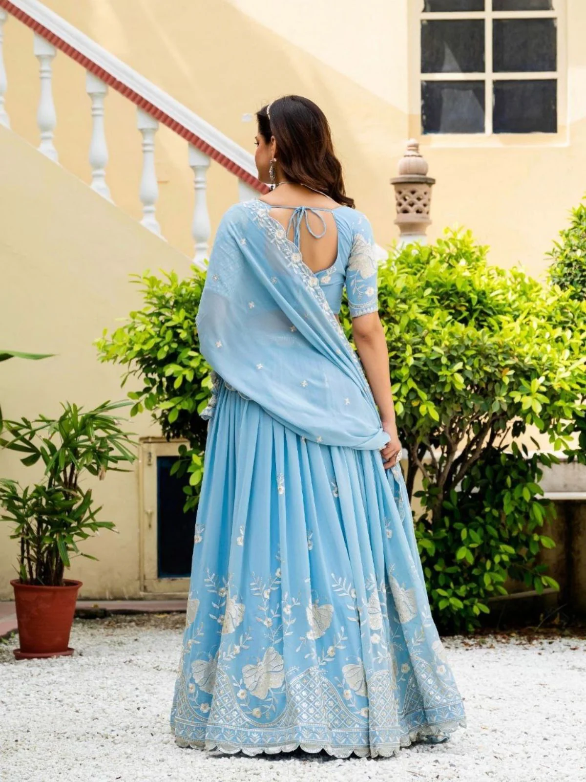 Odette Sky Blue Georgette Embellished Semi Stitched Lehenga For Women - Image 4