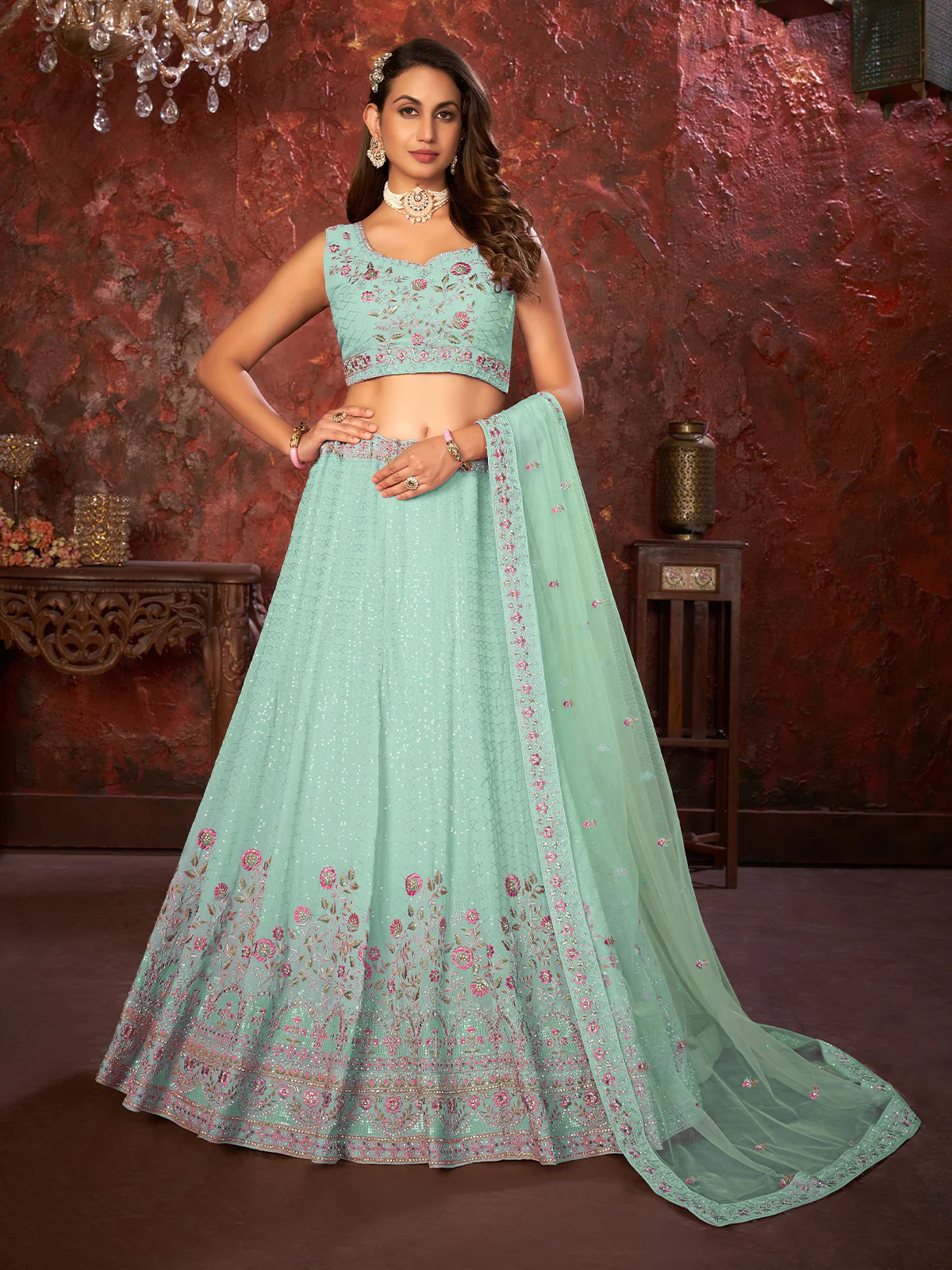 Odette Sky Blue Georgette Embellished Semi Stitched Lehenga With Unstitched Blouse for Women - Image 2