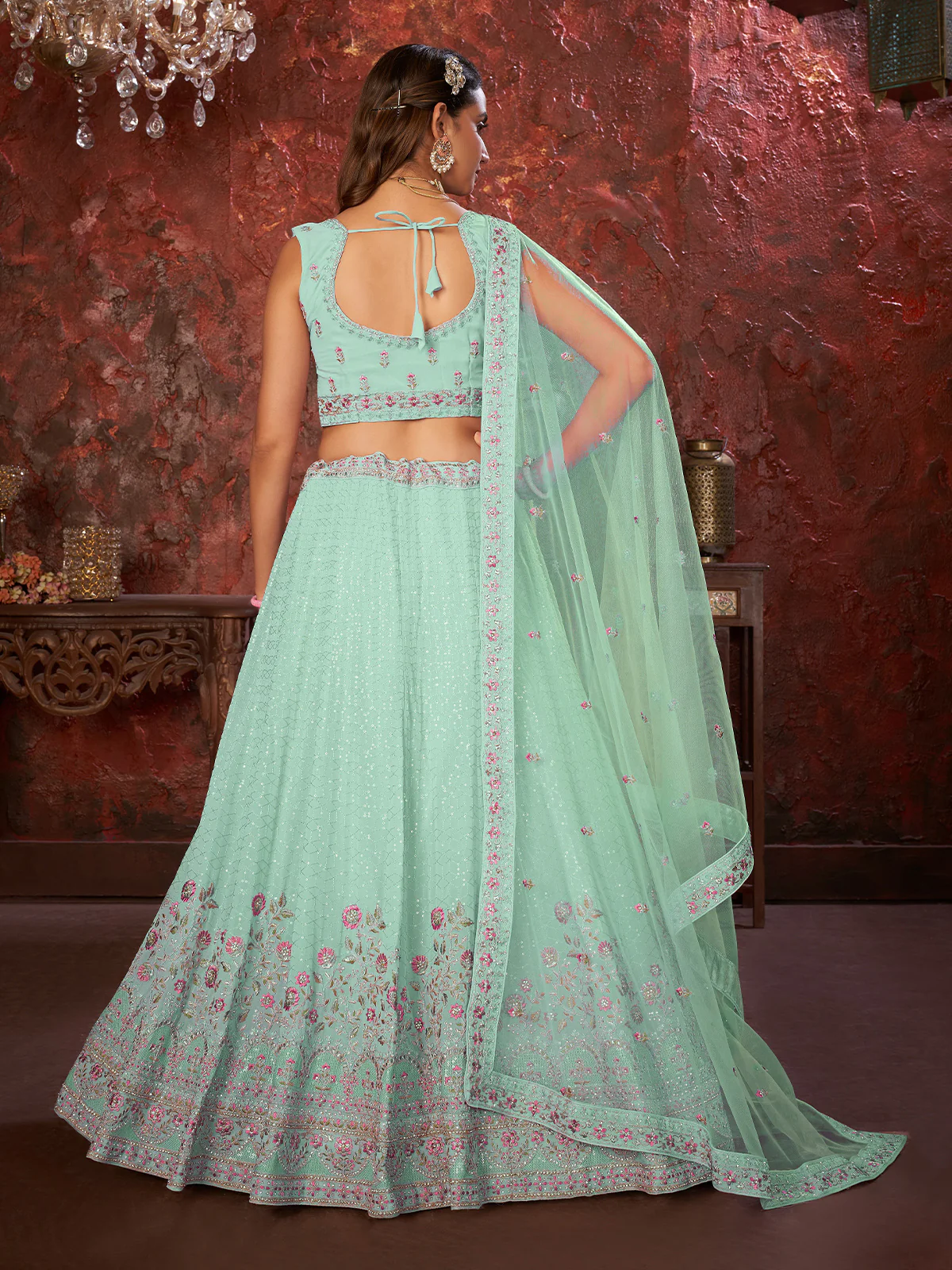 Odette Sky Blue Georgette Embellished Semi Stitched Lehenga With Unstitched Blouse for Women - Image 3