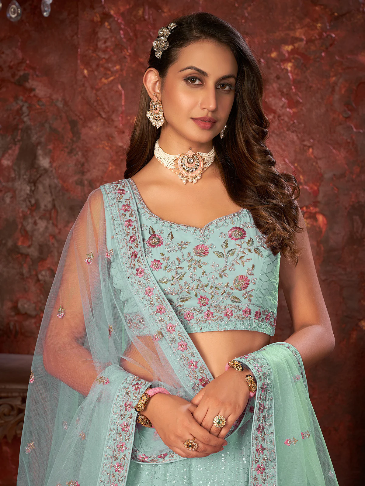 Odette Sky Blue Georgette Embellished Semi Stitched Lehenga With Unstitched Blouse for Women - Image 4