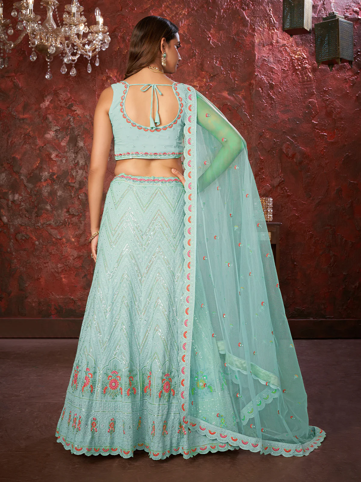 Odette Sky Blue Georgette Embellished Semi Stitched Lehenga With Unstitched Blouse for Women - Image 3