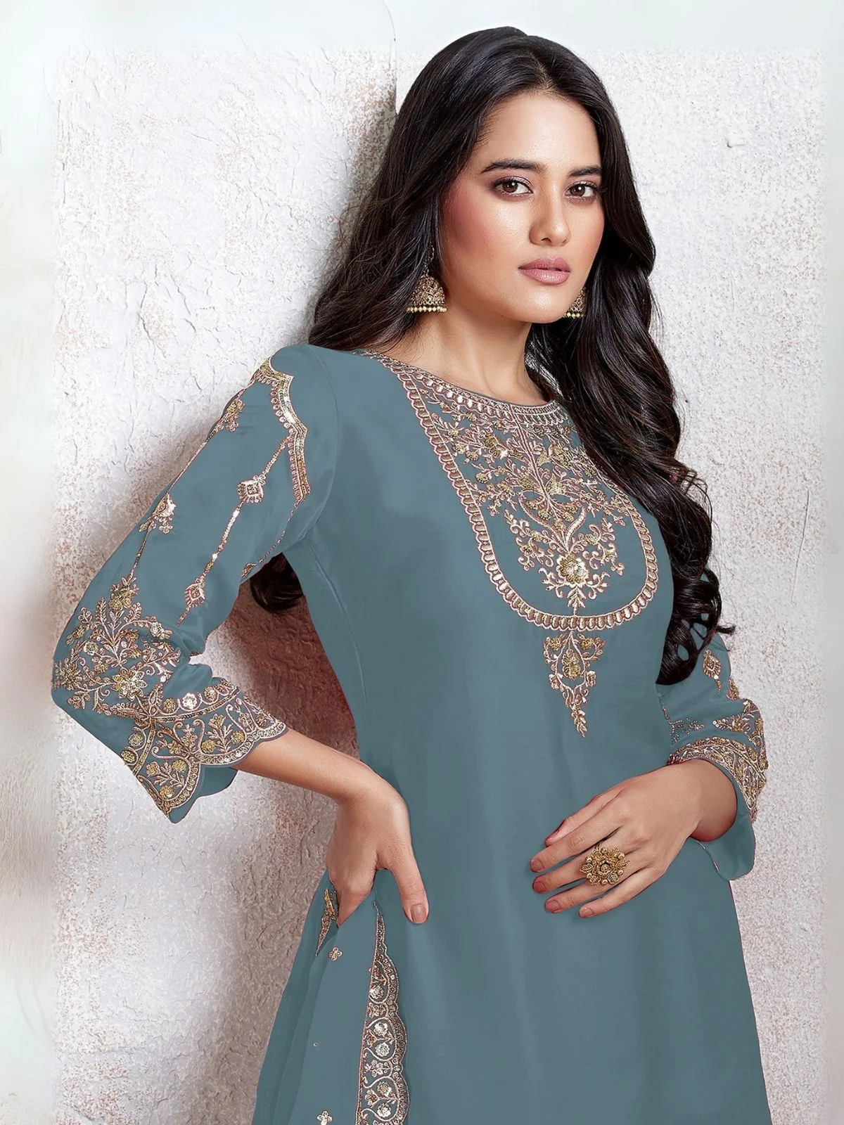 Odette Sky Blue Georgette Embroidered & Cutwork Semi-Sitched Kurta Set For Women - Image 2