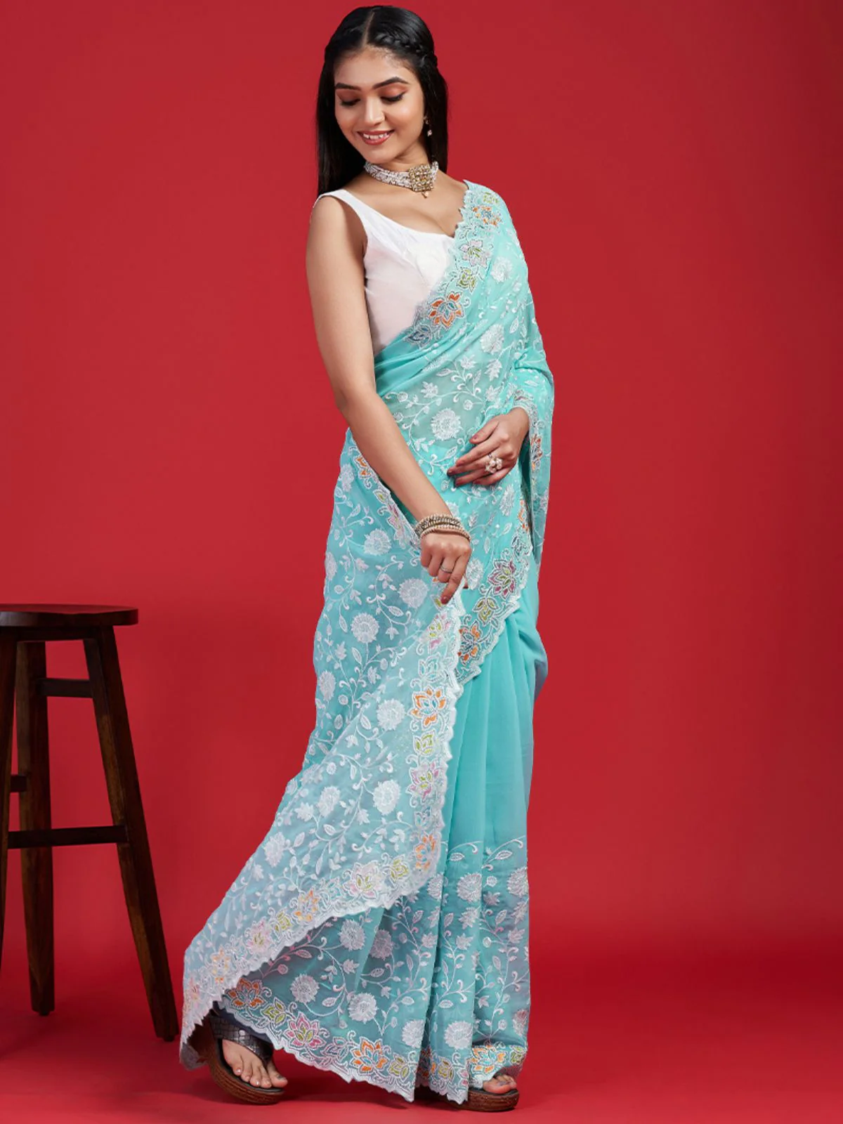 Odette Sky Blue Georgette Embroidered Saree with Unstitched Blouse for Women - Image 2