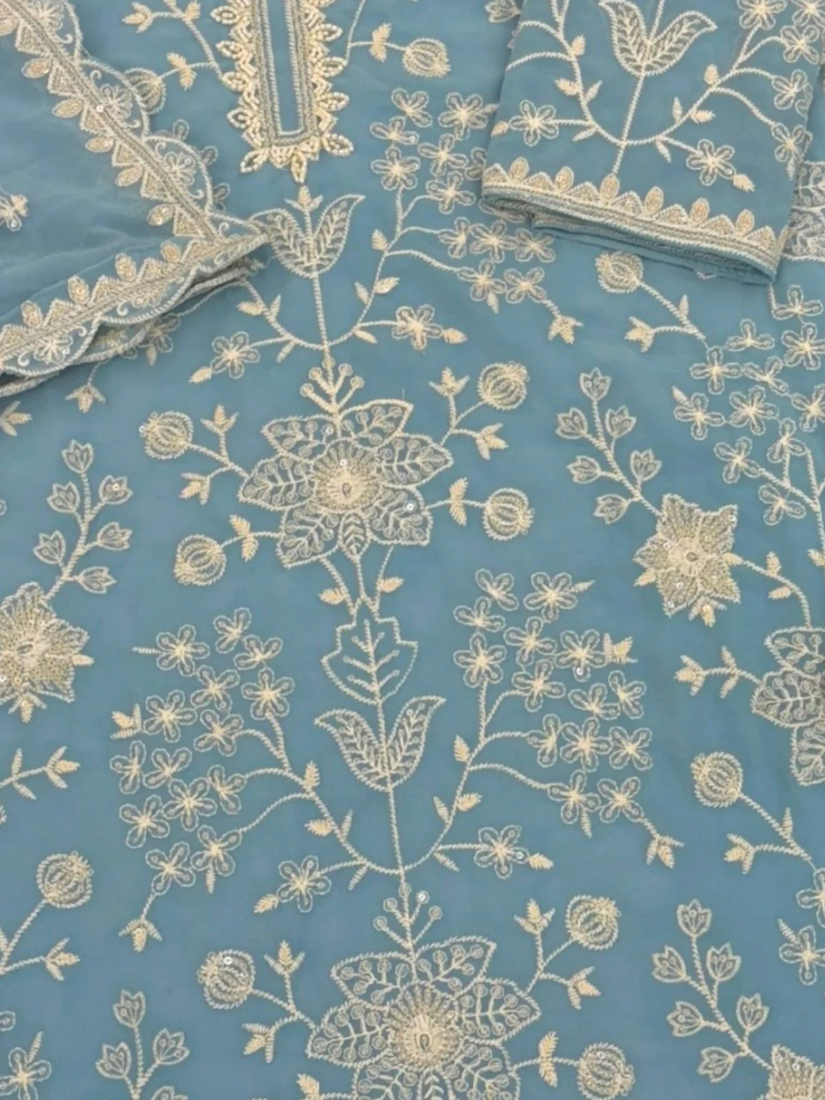 Odette Sky Blue Georgette Embroidered Semi-Sitched Kurta Set For Women - Image 3