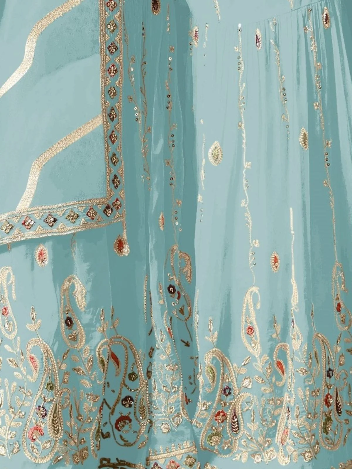Odette Sky Blue Georgette Embroidered Semi-Sitched Kurta Set For Women - Image 3