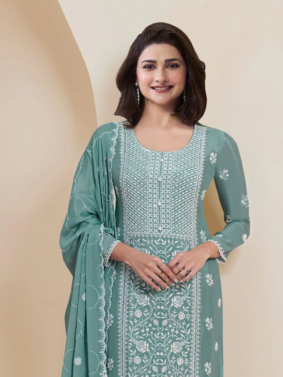 Odette Sky Blue Georgette Embroidered Semi-Stitched Kurta Set For Women - Image 2
