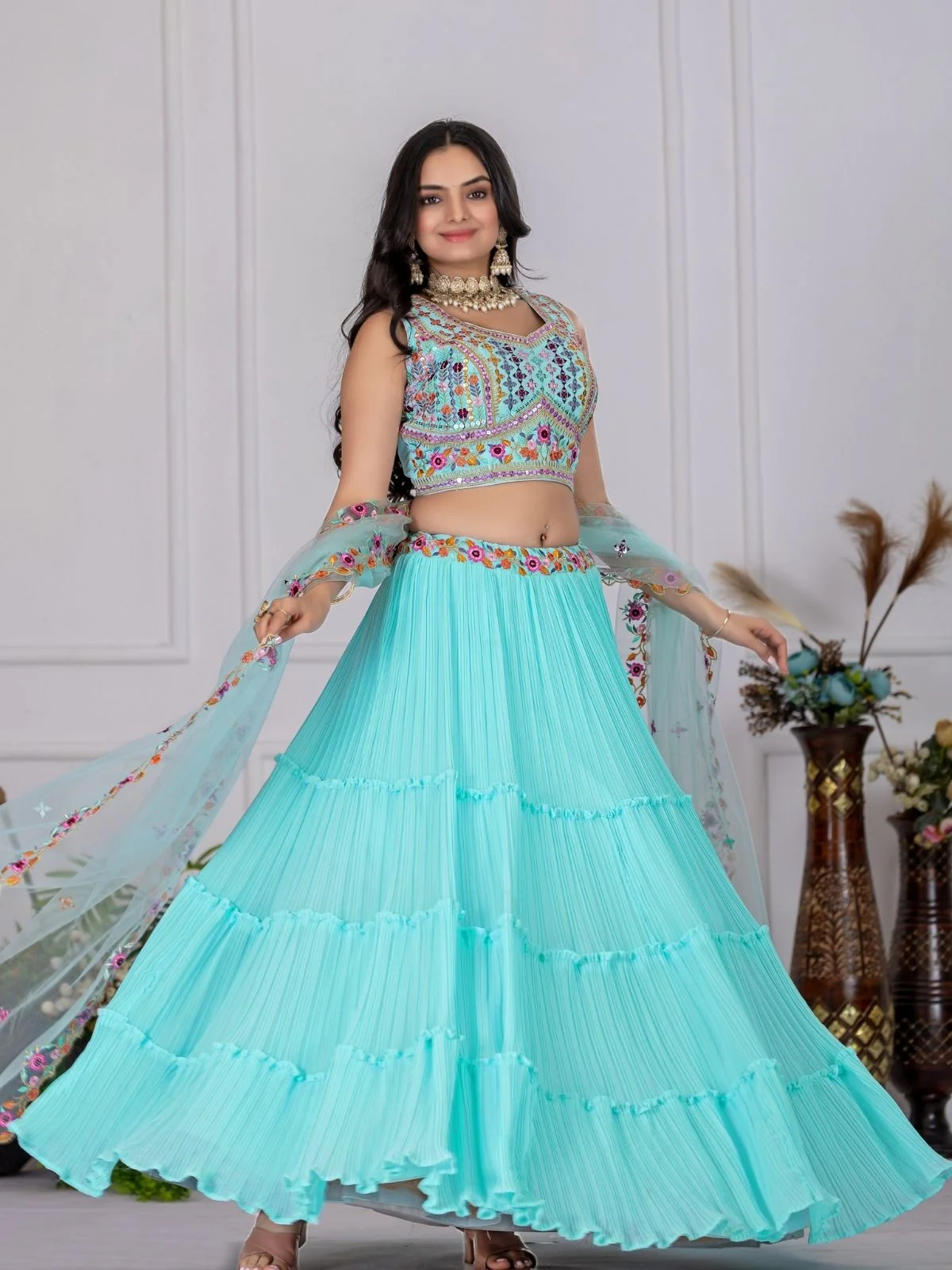 Odette Sky Blue Georgette Embroidered Semi-Stitched lehenga For Women - Image 2