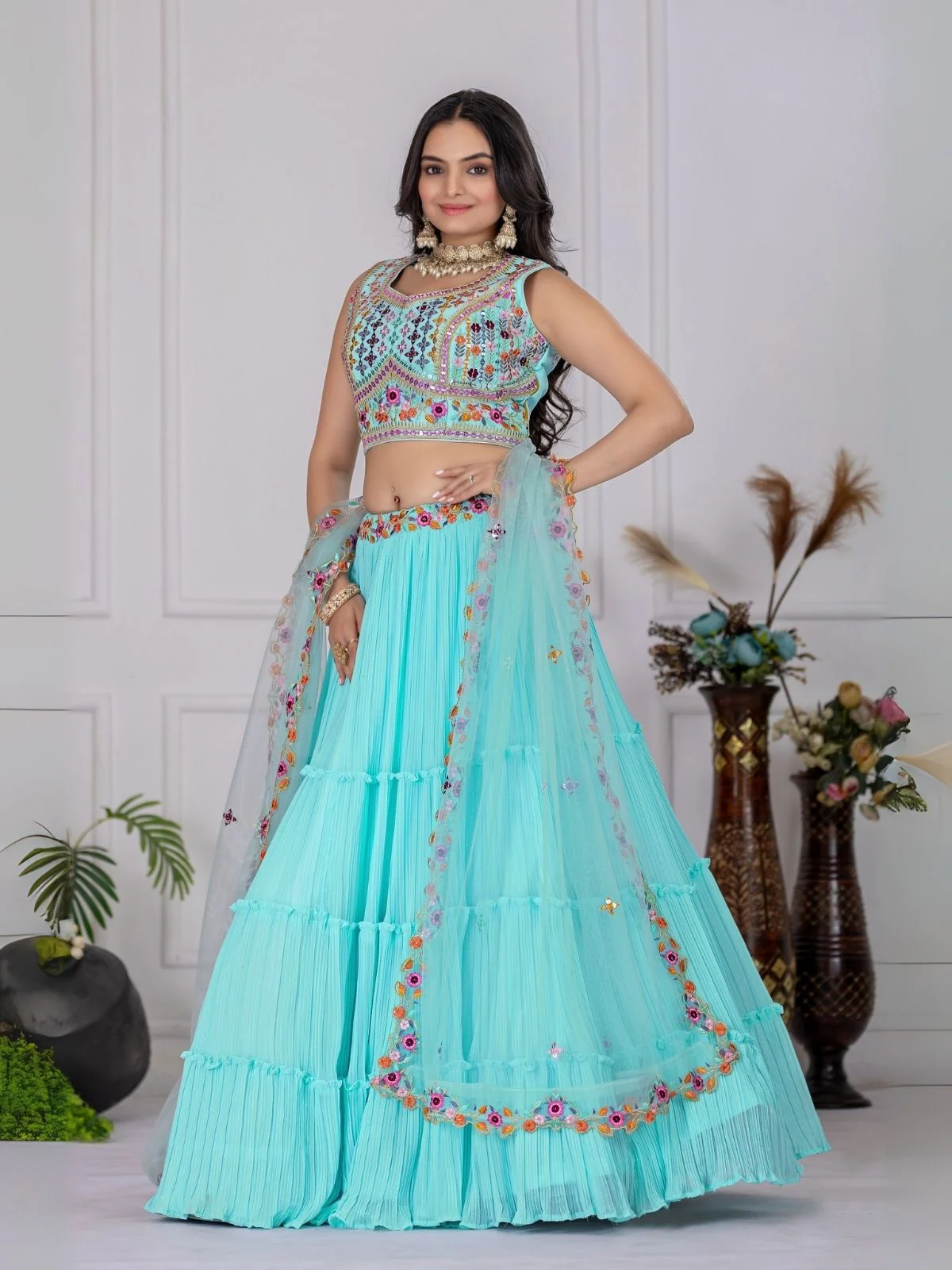 Odette Sky Blue Georgette Embroidered Semi-Stitched lehenga For Women - Image 3