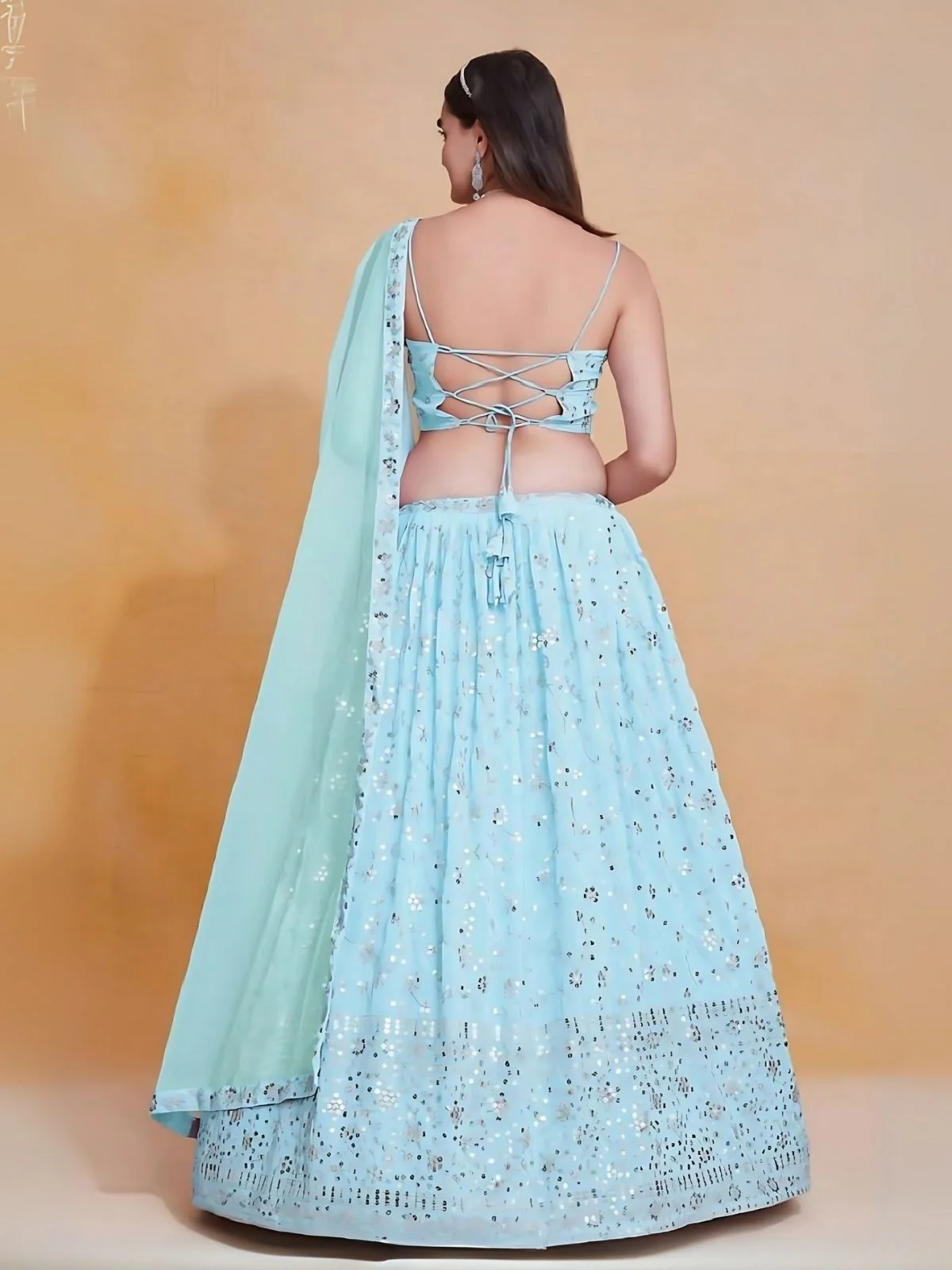 Odette Sky Blue Georgette Embroidered Semi-Stitched Lehenga For Women - Image 3