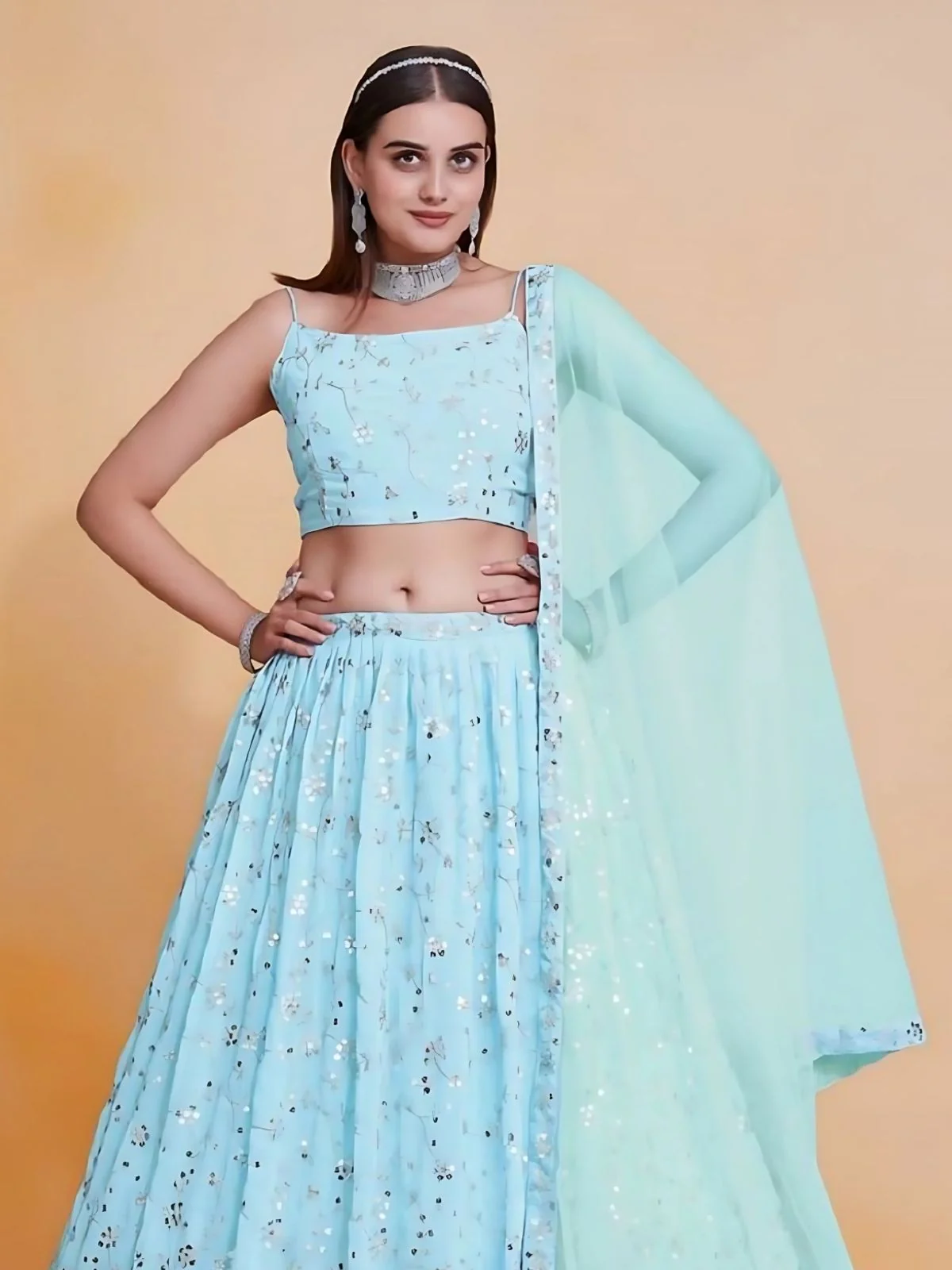 Odette Sky Blue Georgette Embroidered Semi-Stitched Lehenga For Women - Image 4