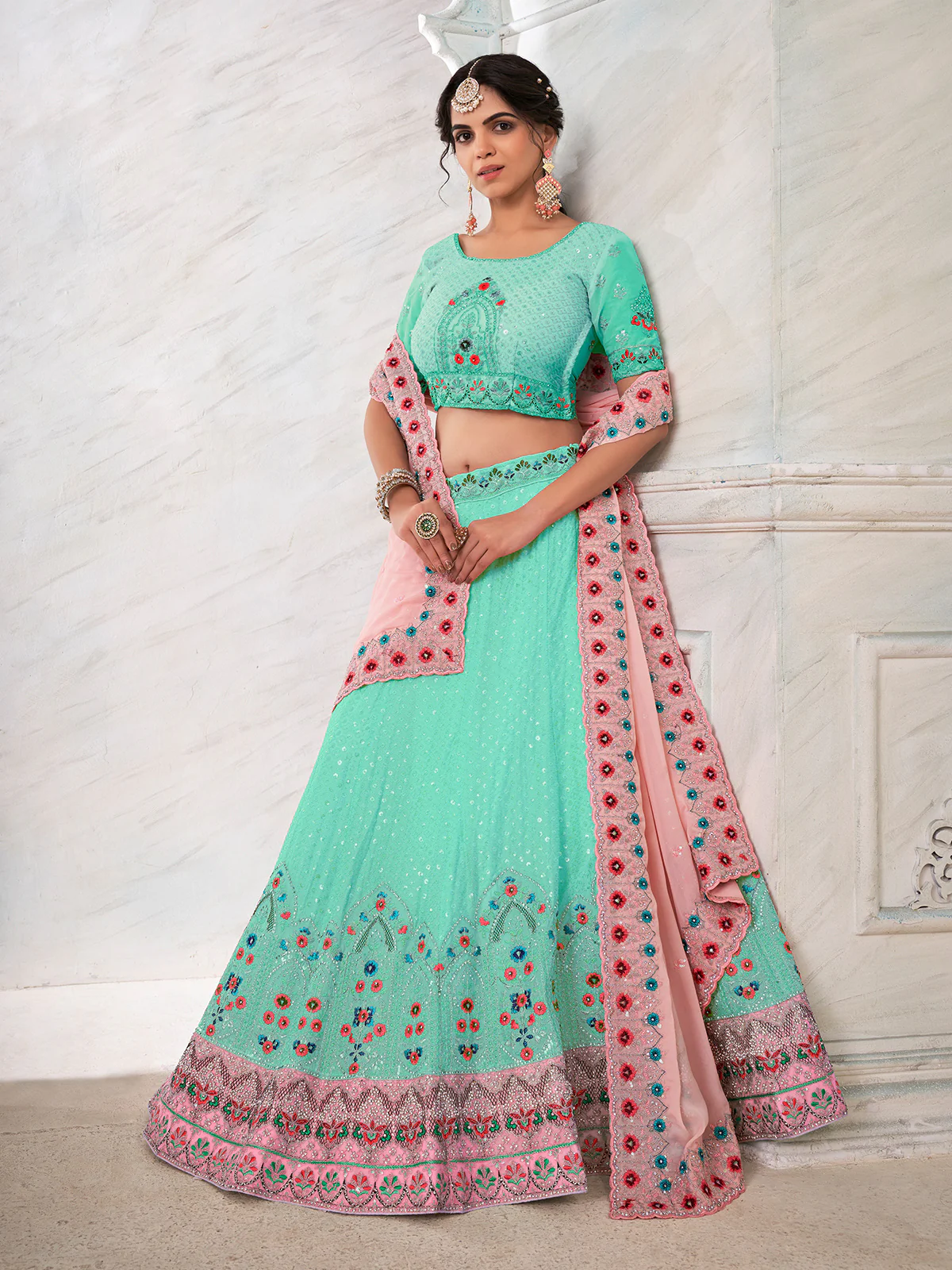 Odette Sky Blue Georgette Embroidered Semi Stitched Lehenga With Unstitched Blouse for Women - Image 2