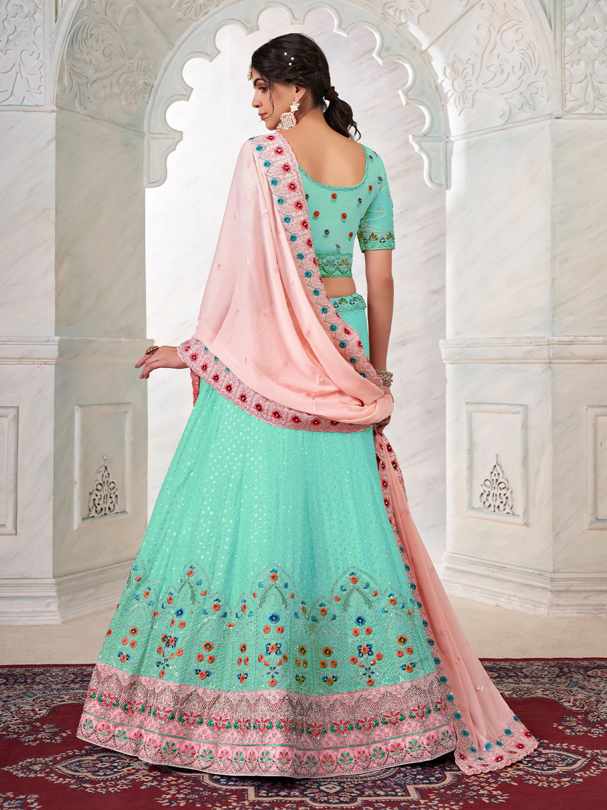 Odette Sky Blue Georgette Embroidered Semi Stitched Lehenga With Unstitched Blouse for Women - Image 4
