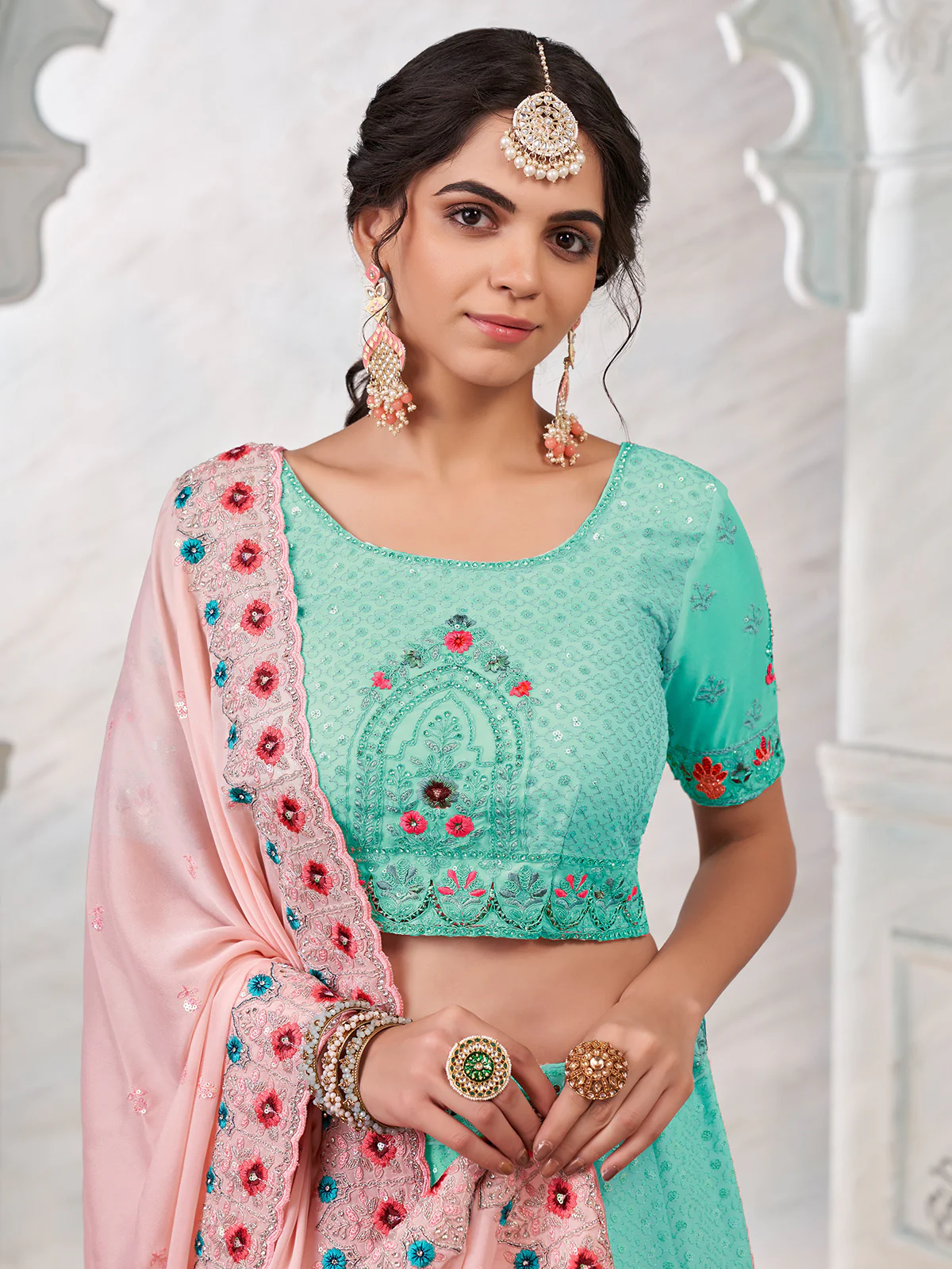 Odette Sky Blue Georgette Embroidered Semi Stitched Lehenga With Unstitched Blouse for Women - Image 5