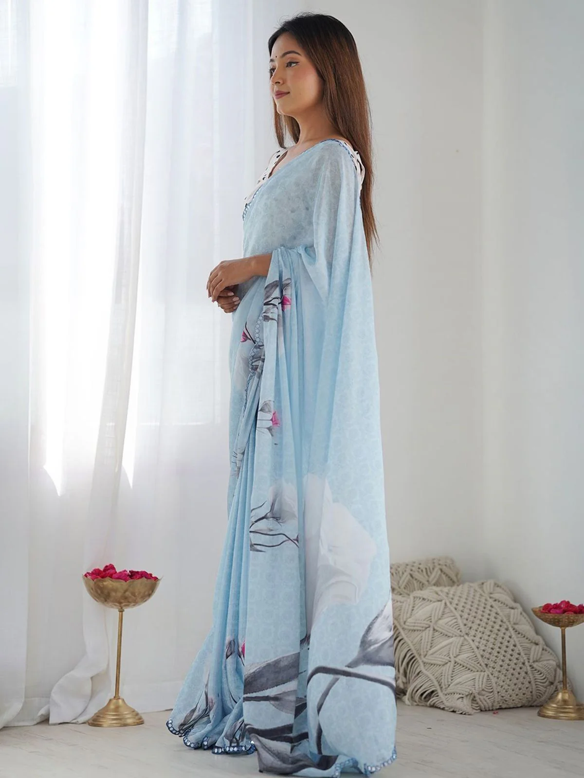 Odette Sky Blue Georgette Printed Saree For Women - Image 2