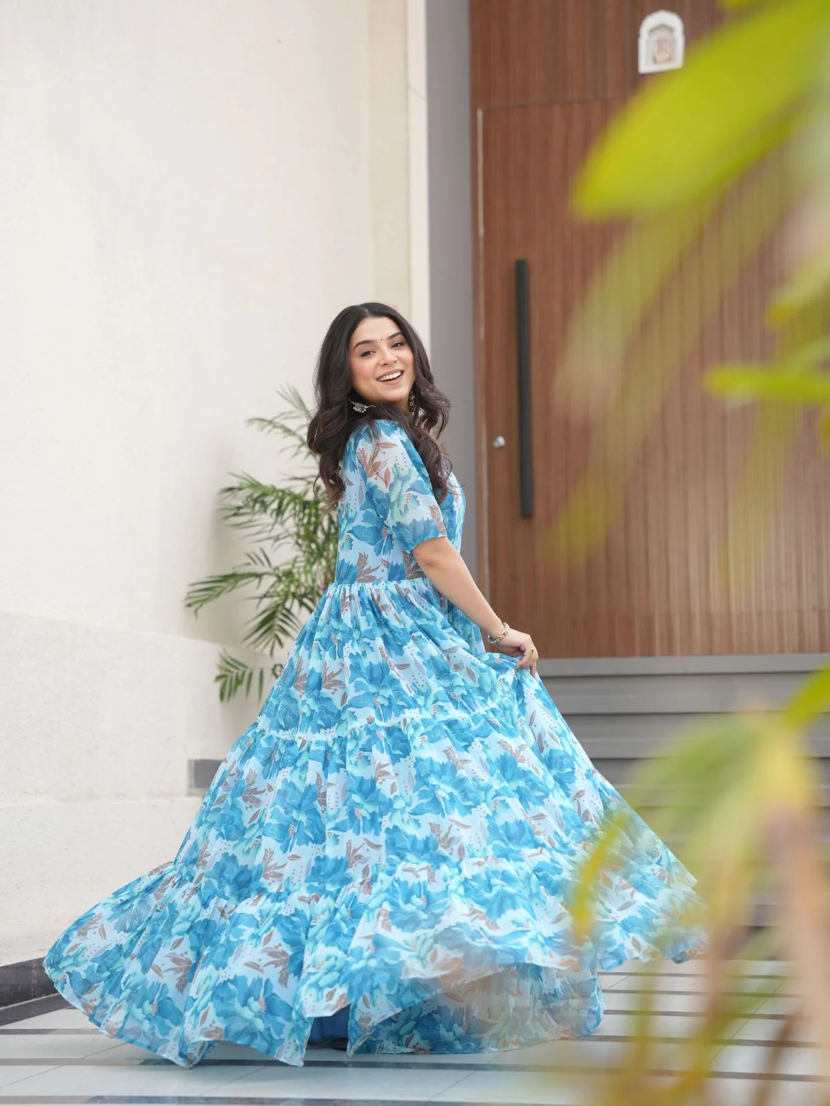 Odette Sky Blue Georgette Printed Stitched Gown For Women - Image 2