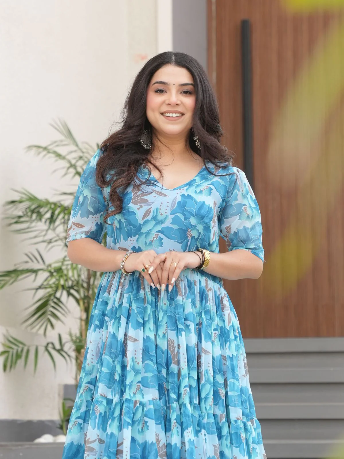 Odette Sky Blue Georgette Printed Stitched Gown For Women - Image 6