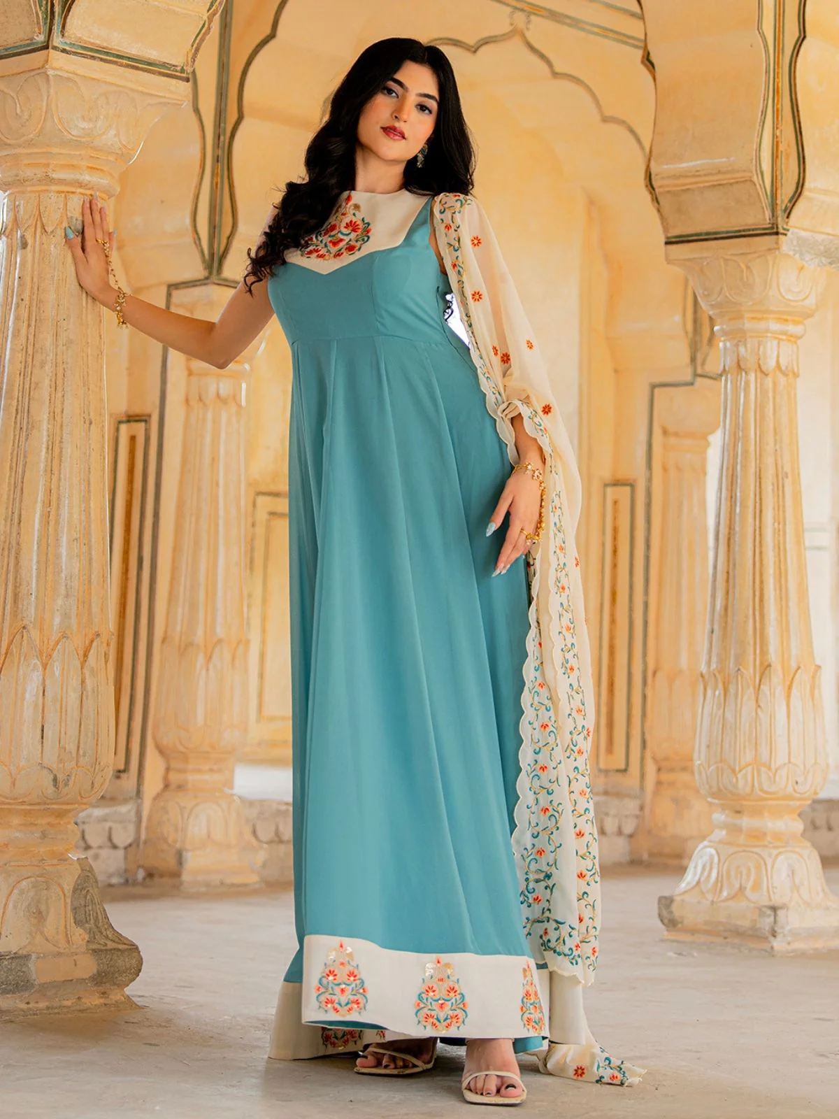 Odette Sky Blue Georgette Sequins Embroidered Stitched Gown For Women - Image 2
