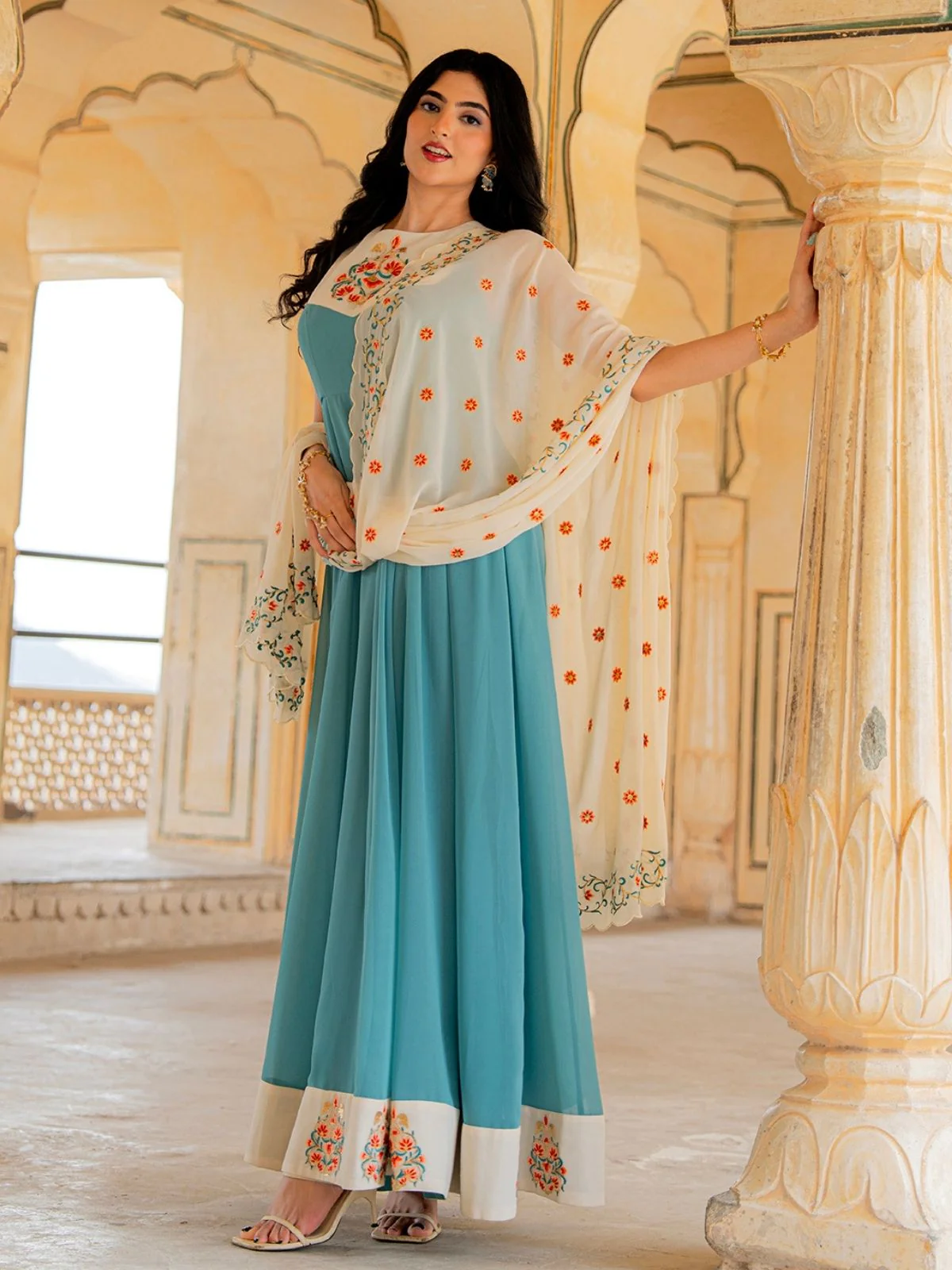 Odette Sky Blue Georgette Sequins Embroidered Stitched Gown For Women - Image 6
