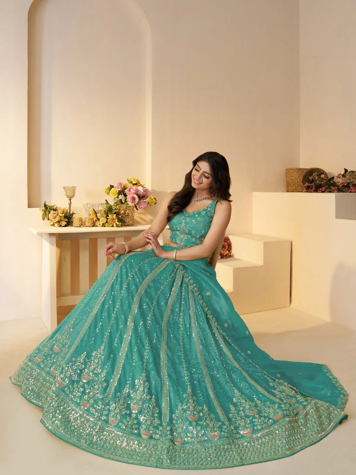 Odette Sky Blue Jimmy Choo Embroidered Semi-Stitched Lehenga For Women - Image 2