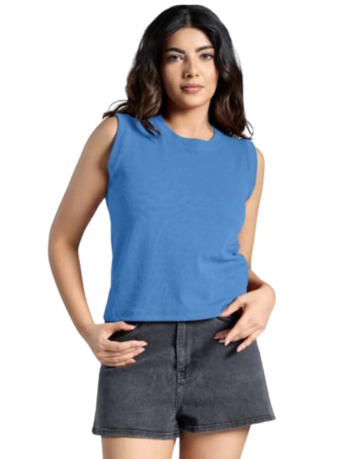 Odette Sky Blue Knited Solid Top For Women - Image 2