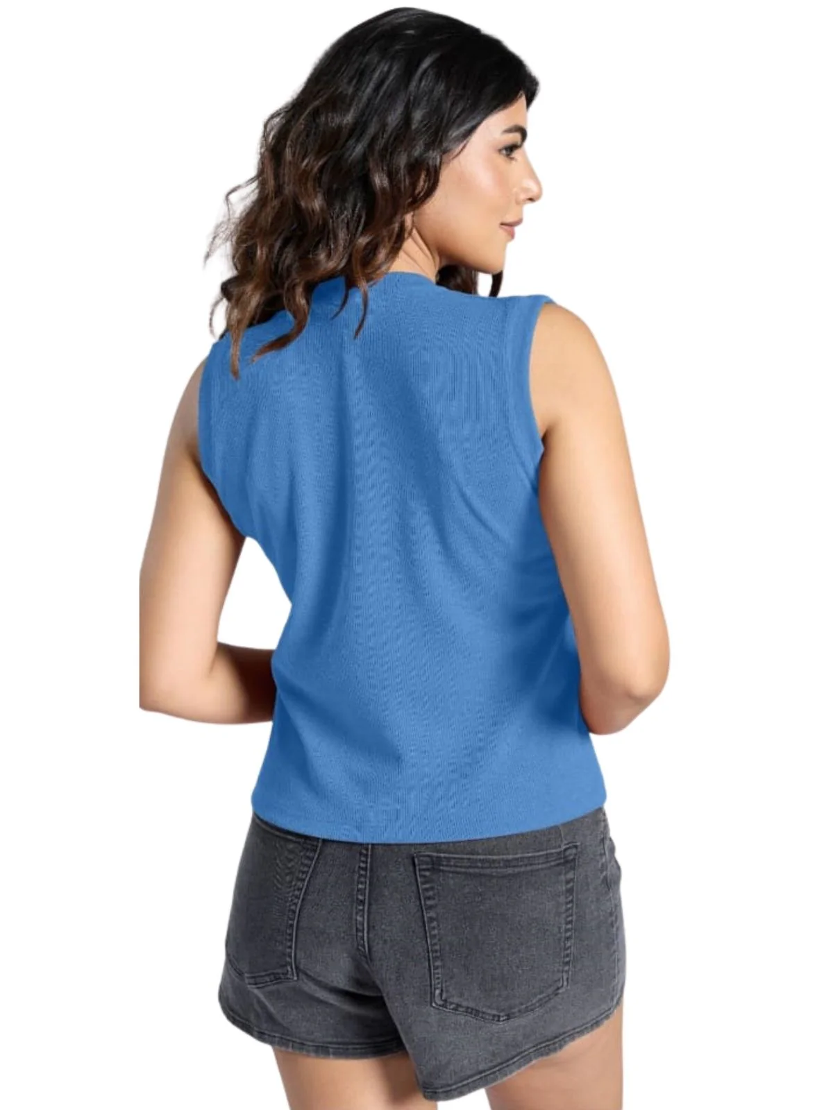 Odette Sky Blue Knited Solid Top For Women - Image 3