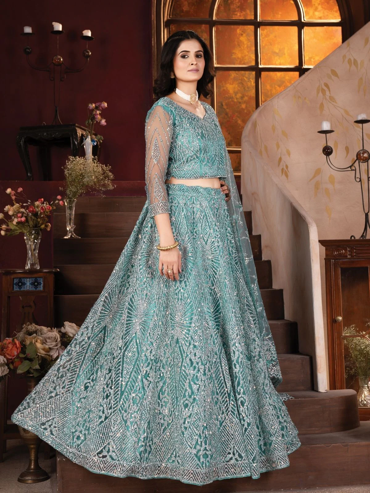 Odette Sky Blue Net Embellished Semi Stitched Lehenga For Women - Image 3