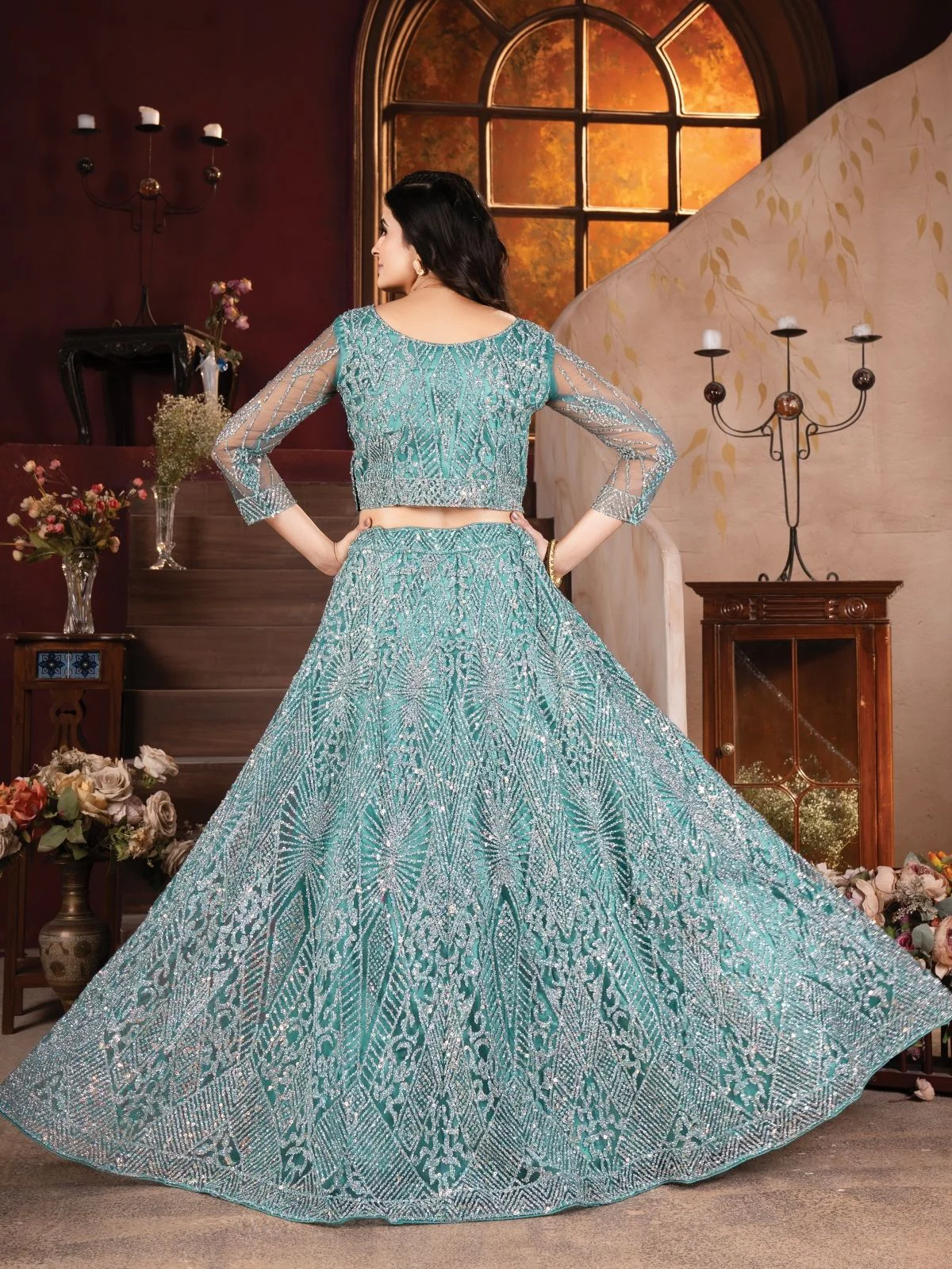 Odette Sky Blue Net Embellished Semi Stitched Lehenga For Women - Image 4
