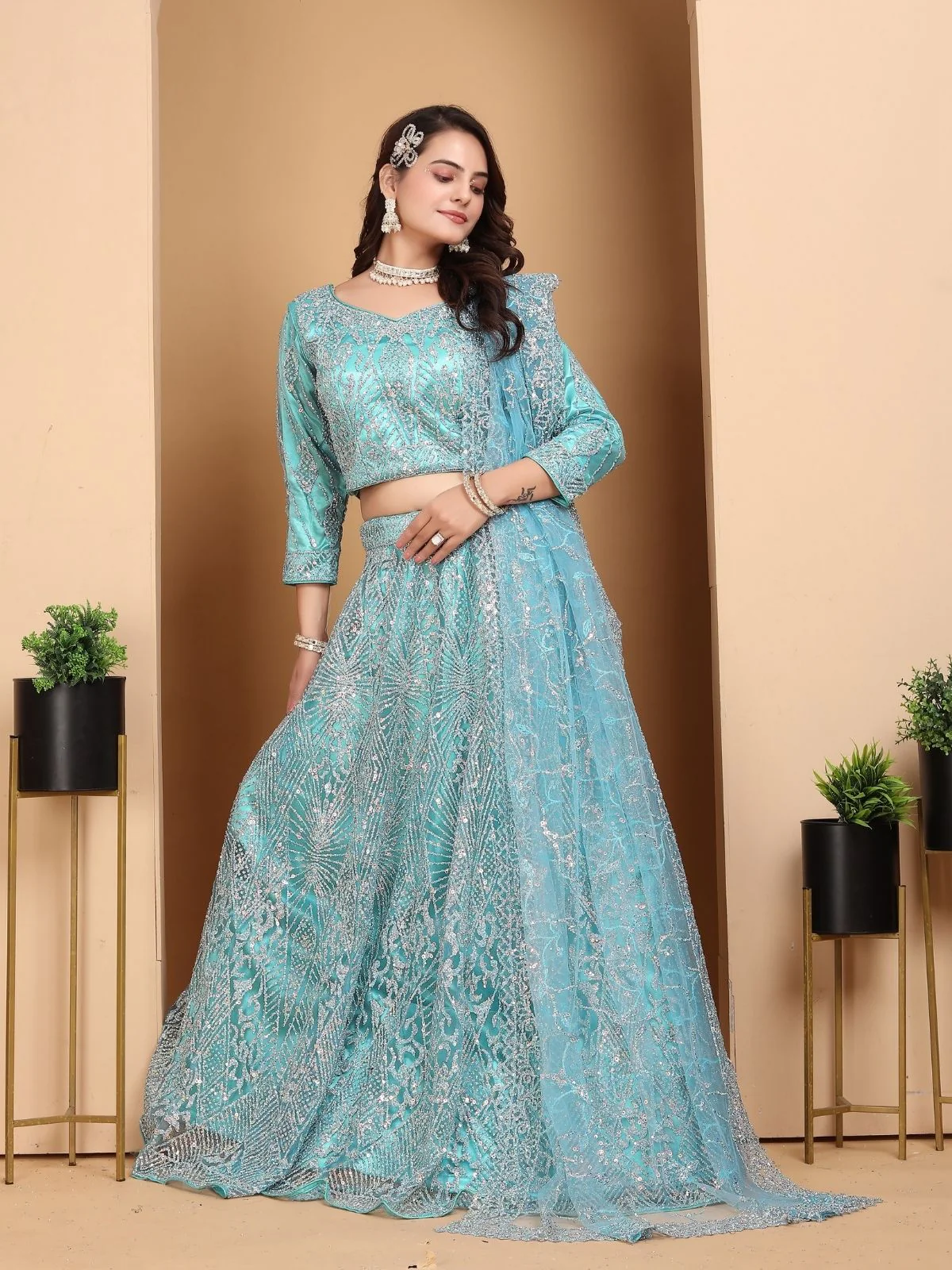 Odette Sky Blue Net Embellished Semi-Stitched lehenga For Women - Image 4