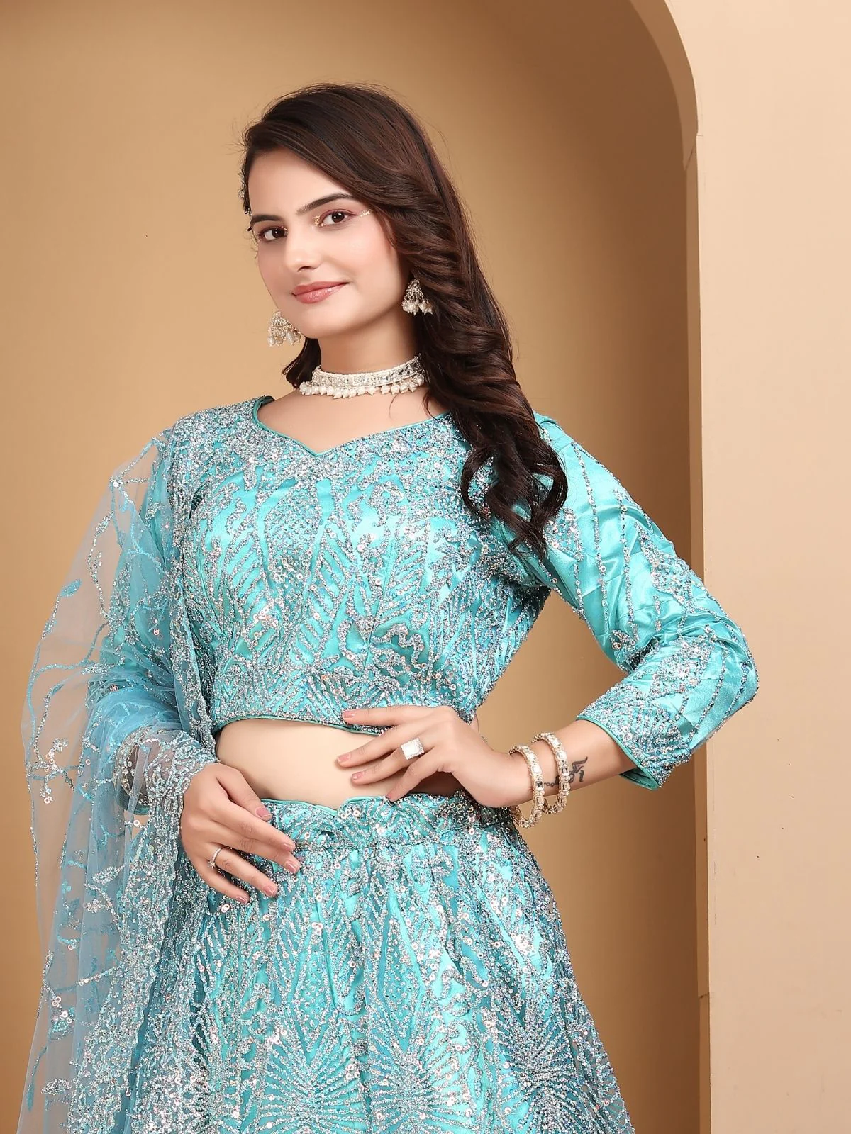 Odette Sky Blue Net Embellished Semi-Stitched lehenga For Women - Image 5