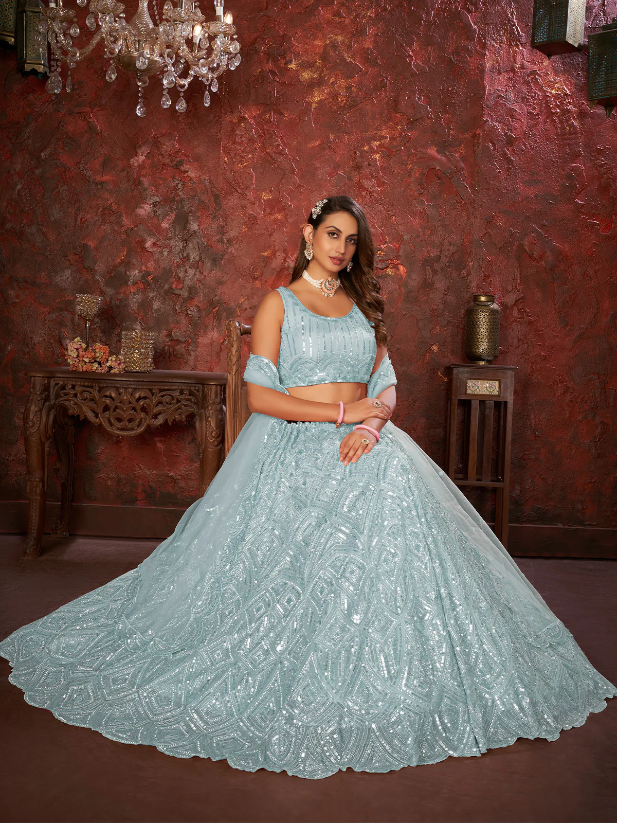 Odette Sky Blue Net Embellished Semi Stitched Lehenga With Unstitched Blouse for Women - Image 2