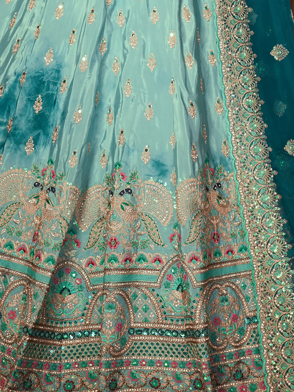 Odette Sky Blue Net Embellished Semi Stitched Lehenga With Unstitched Blouse for Women - Image 5