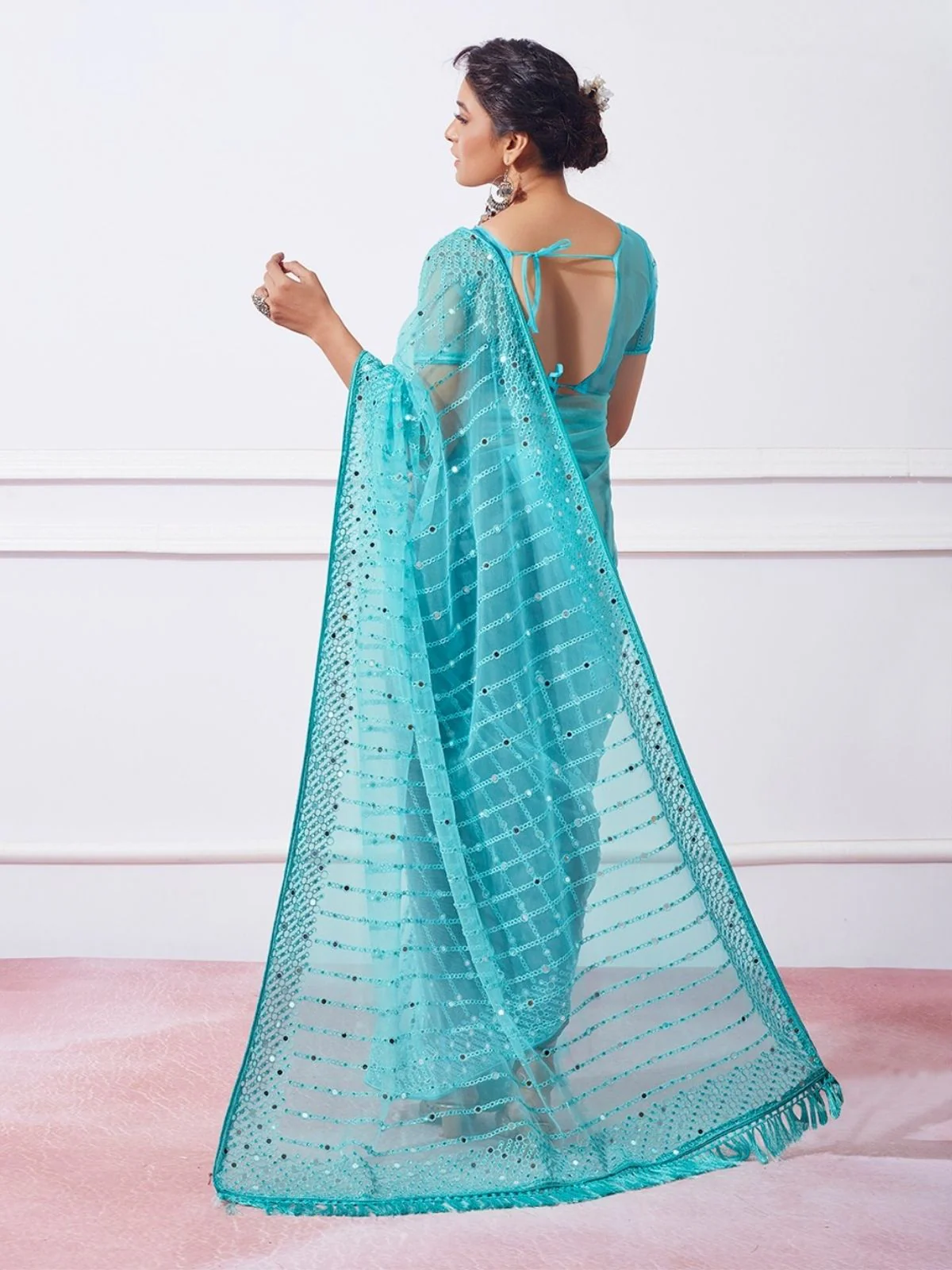 Odette Sky Blue Net Embroidered And Mirror Work Saree With Unstitched Blouse For Women - Image 2