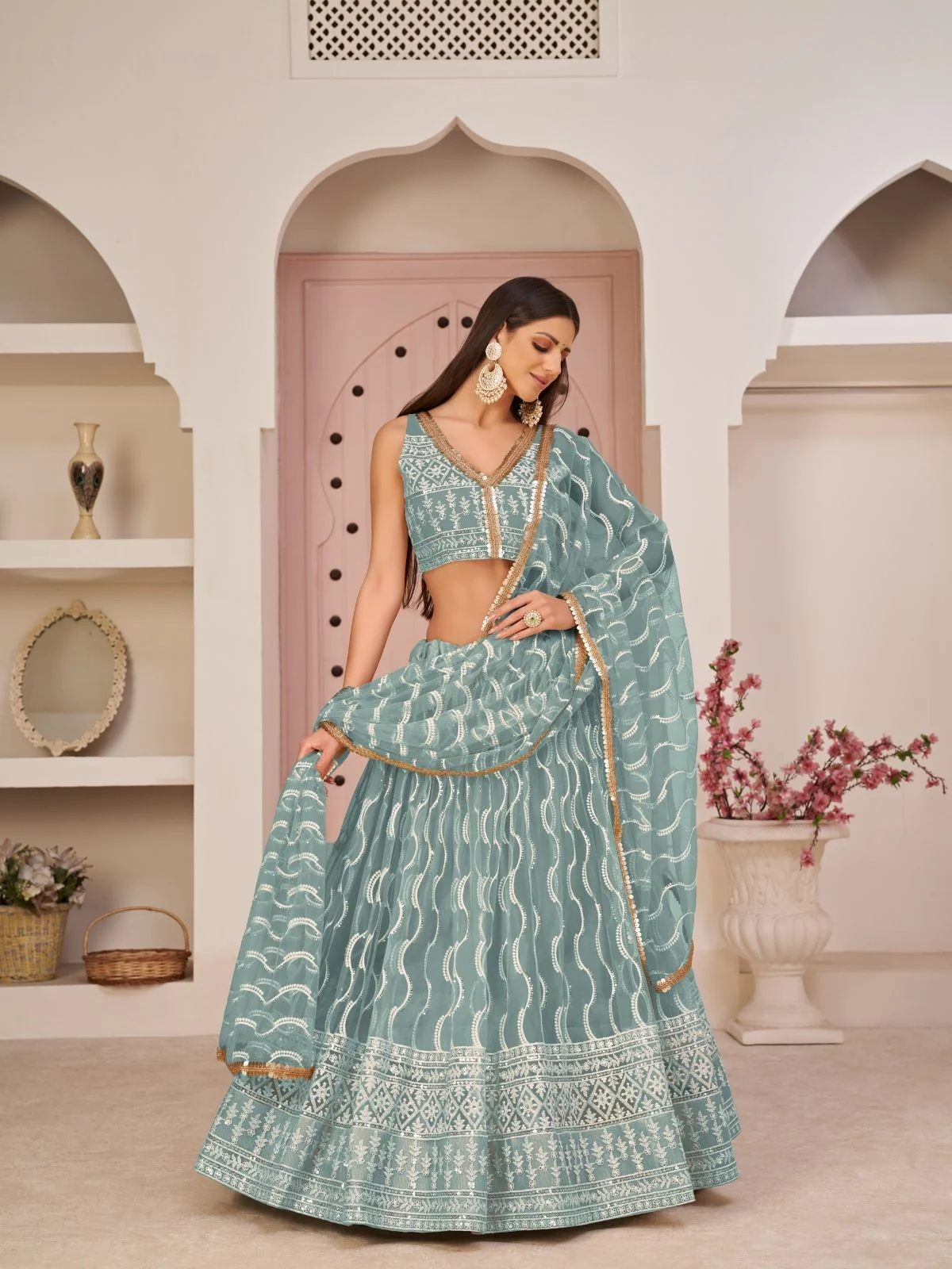 Odette Sky Blue Net Embroidered Semi Stitched Lehenga For Women - Image 2