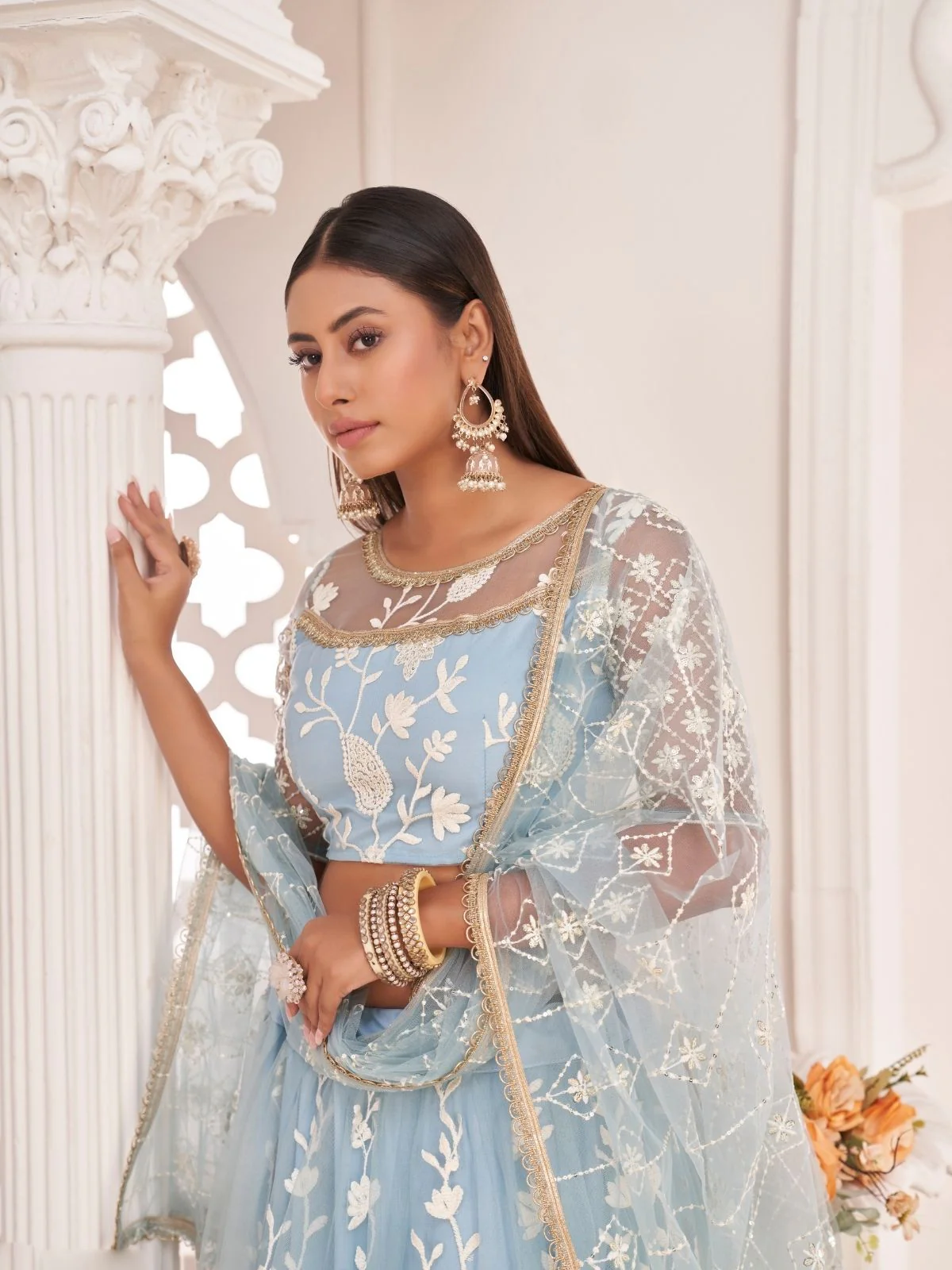 Odette Sky Blue Net Embroidered Semi Stitched Lehenga For Women - Image 2