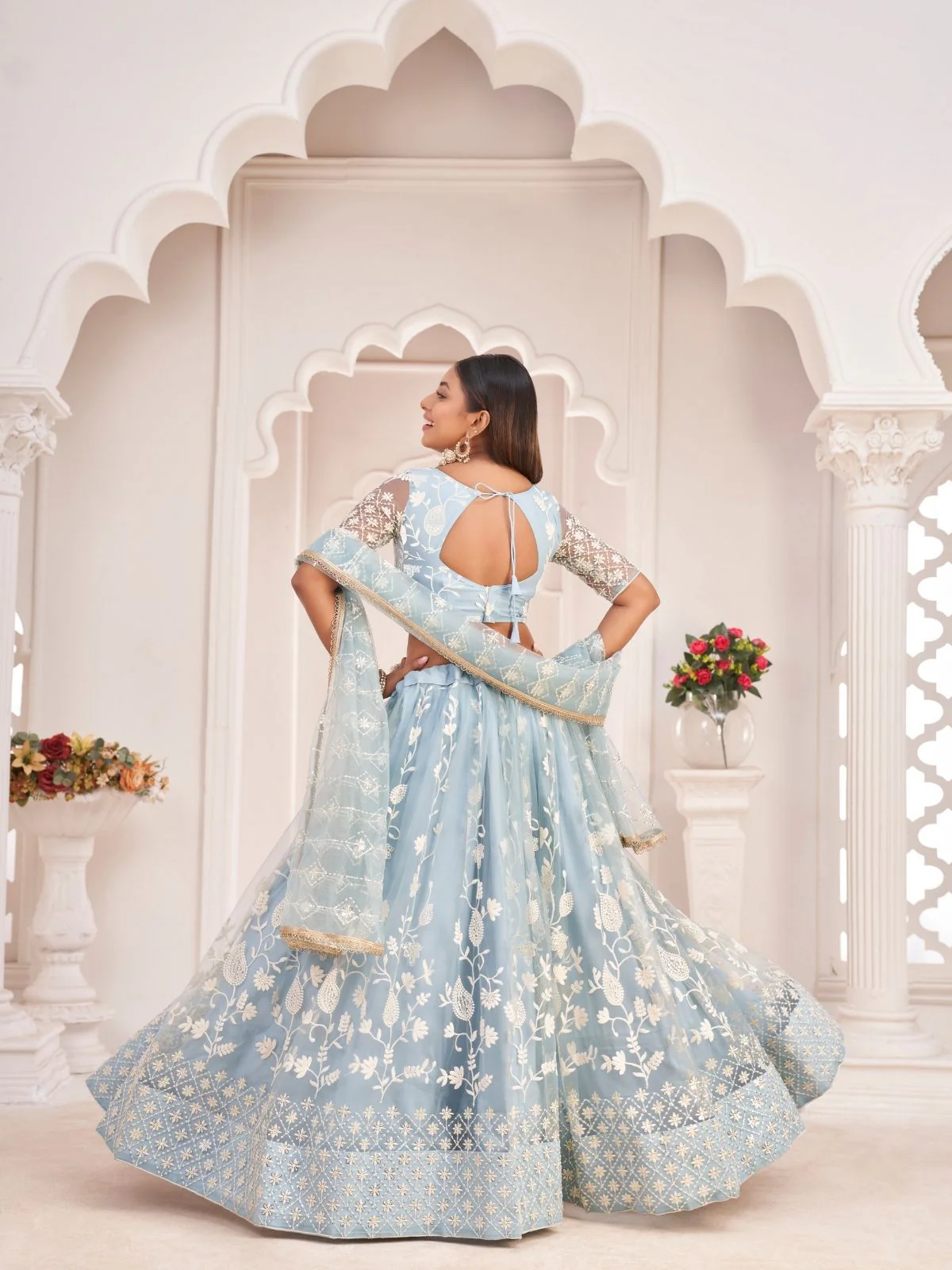 Odette Sky Blue Net Embroidered Semi Stitched Lehenga For Women - Image 3